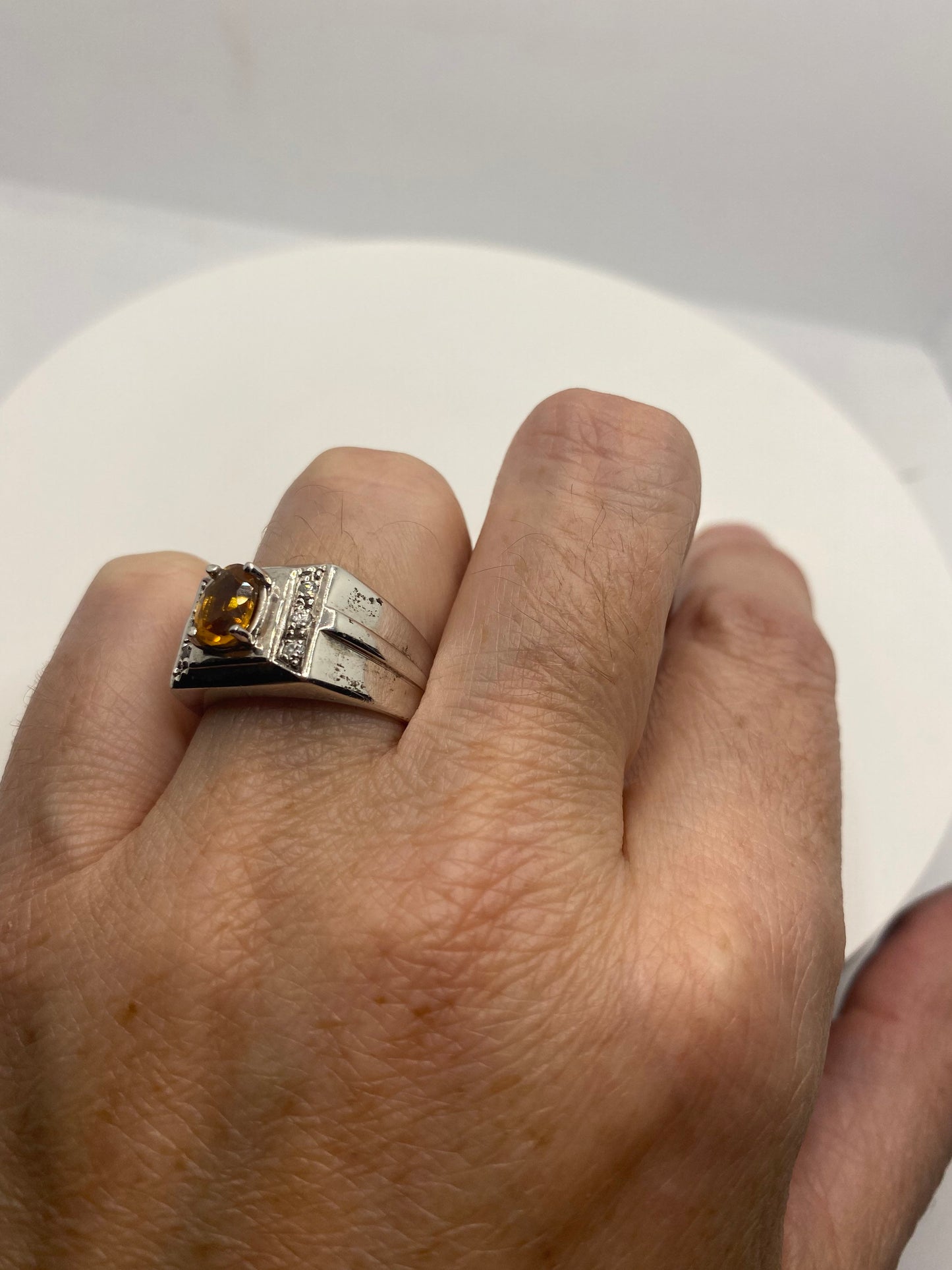 Vintage Golden Citrine and White Sapphire 925 Sterling Silver Ring