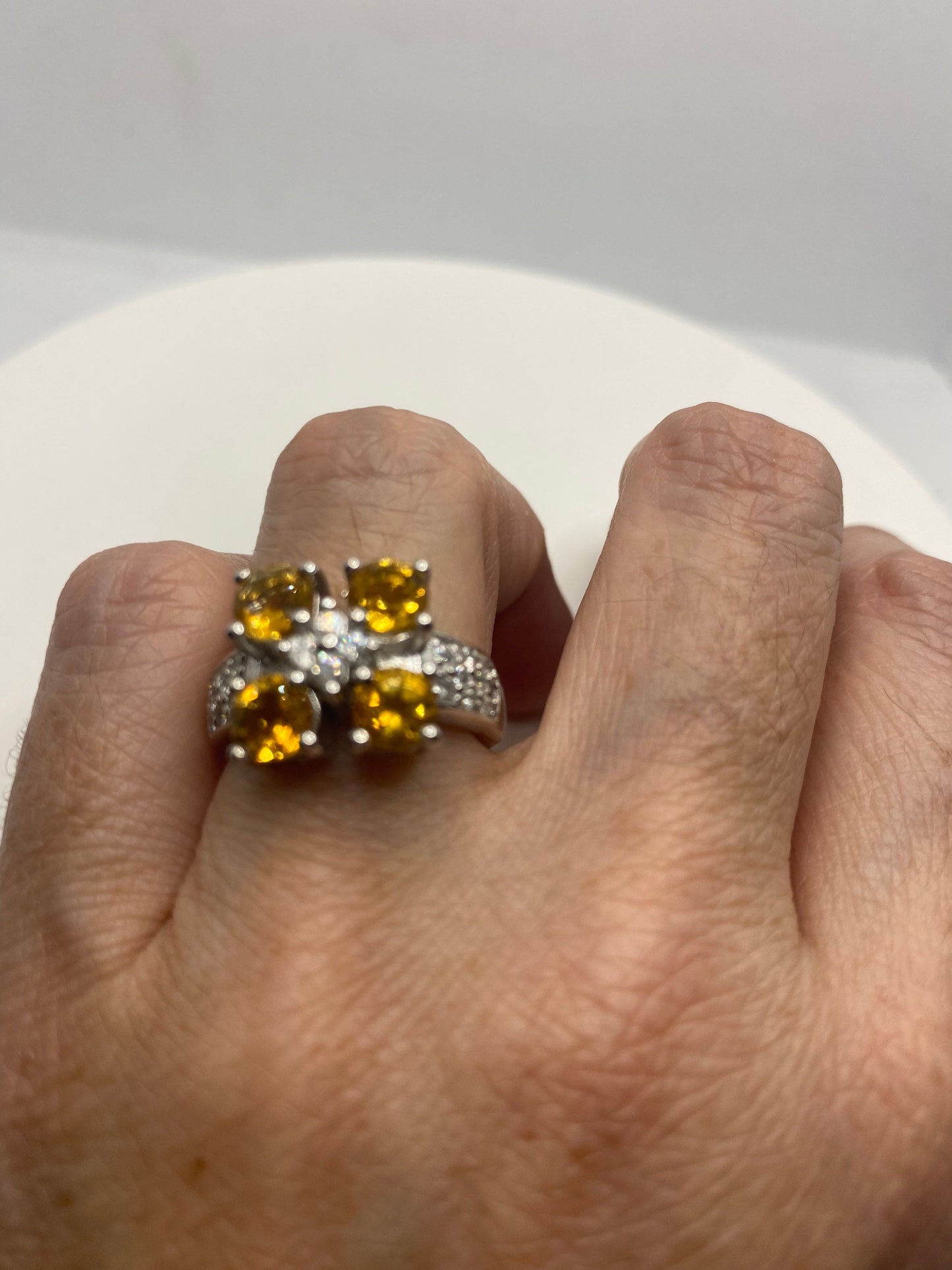 Vintage Golden Citrine and White Sapphire 925 Sterling Silver Ring