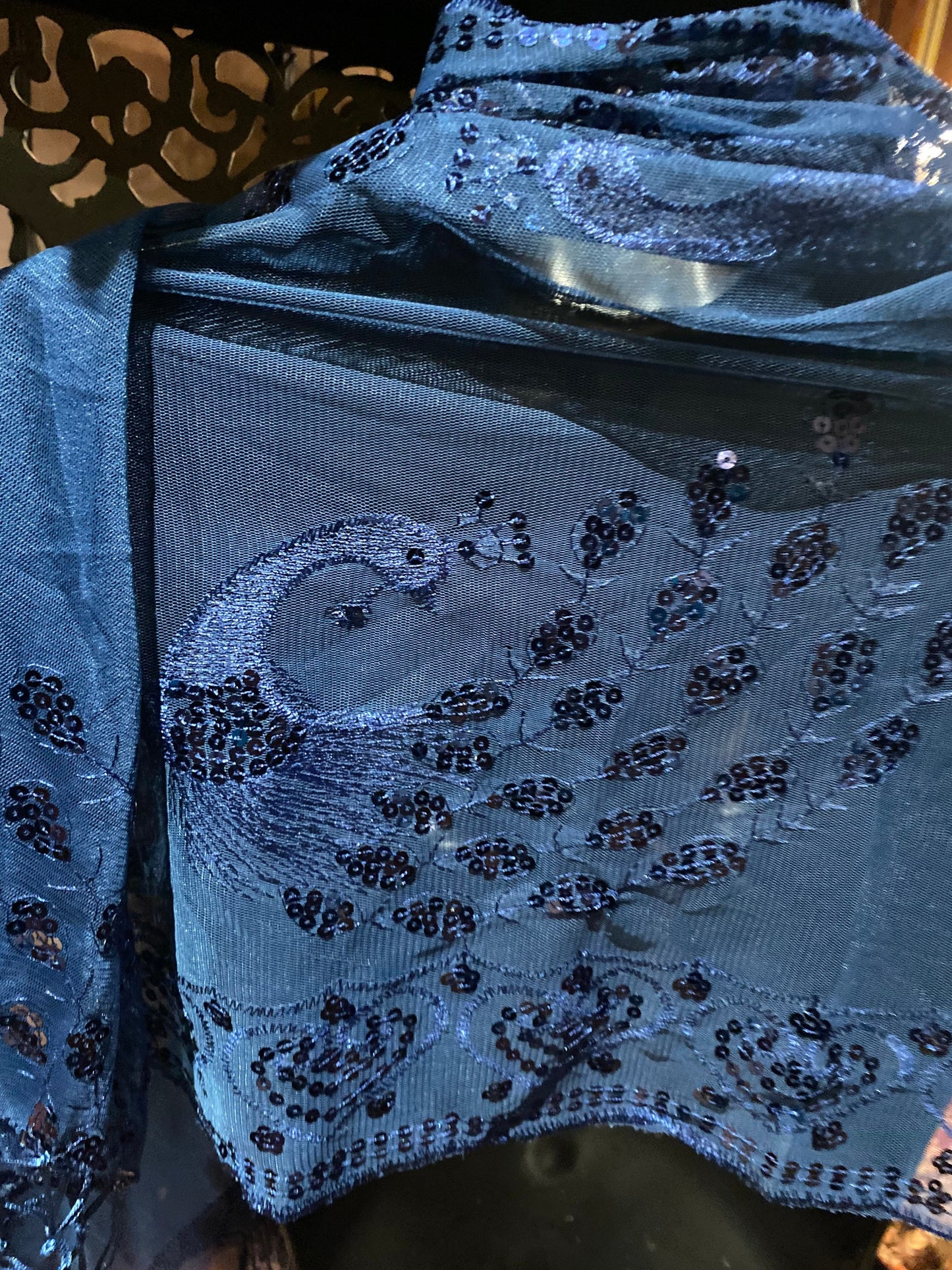 Vintage Styled Sheer Navy Blue Peacock Sequined Embroidered Wrap Shawl