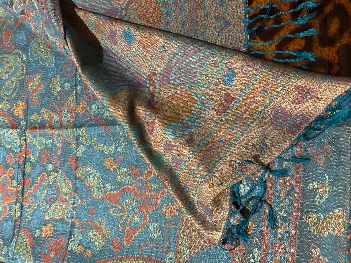 Vintage Jamawar Paisley Butterfly Brocade Pashmina Scarf Wrap Shawl