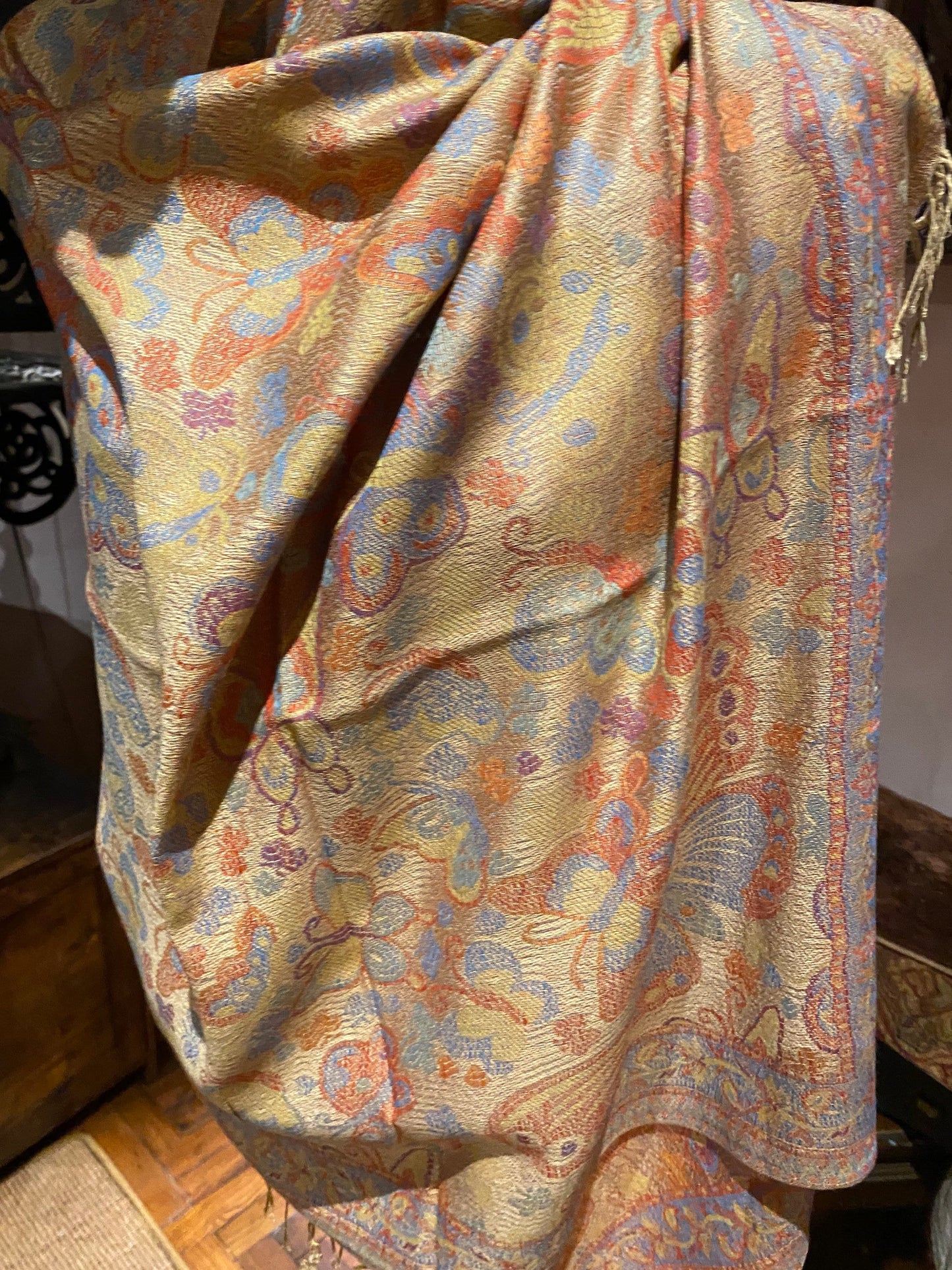 Vintage Jamawar Paisley Butterfly Brocade Pashmina Scarf Wrap Shawl