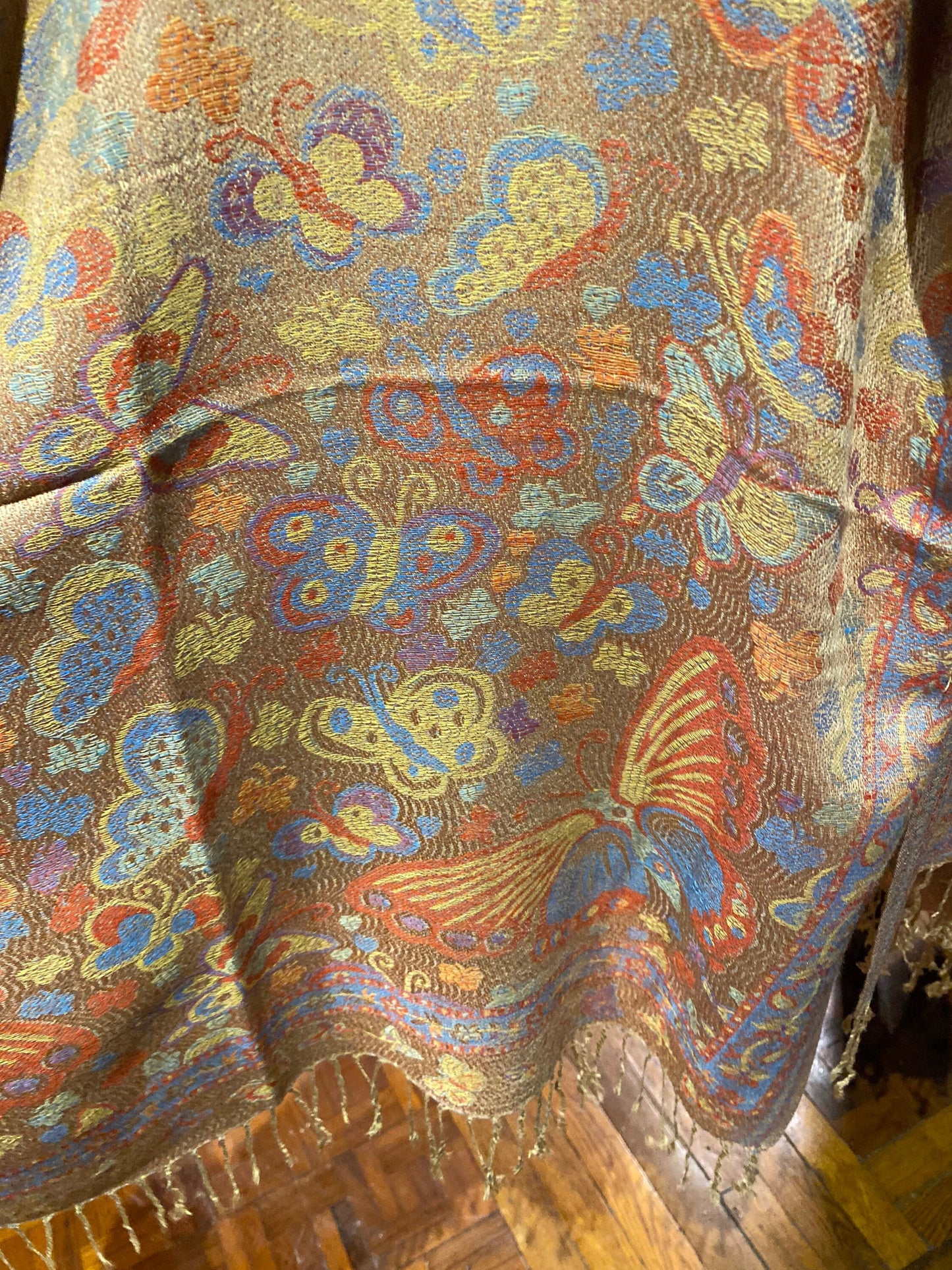 Vintage Jamawar Paisley Butterfly Brocade Pashmina Scarf Wrap Shawl