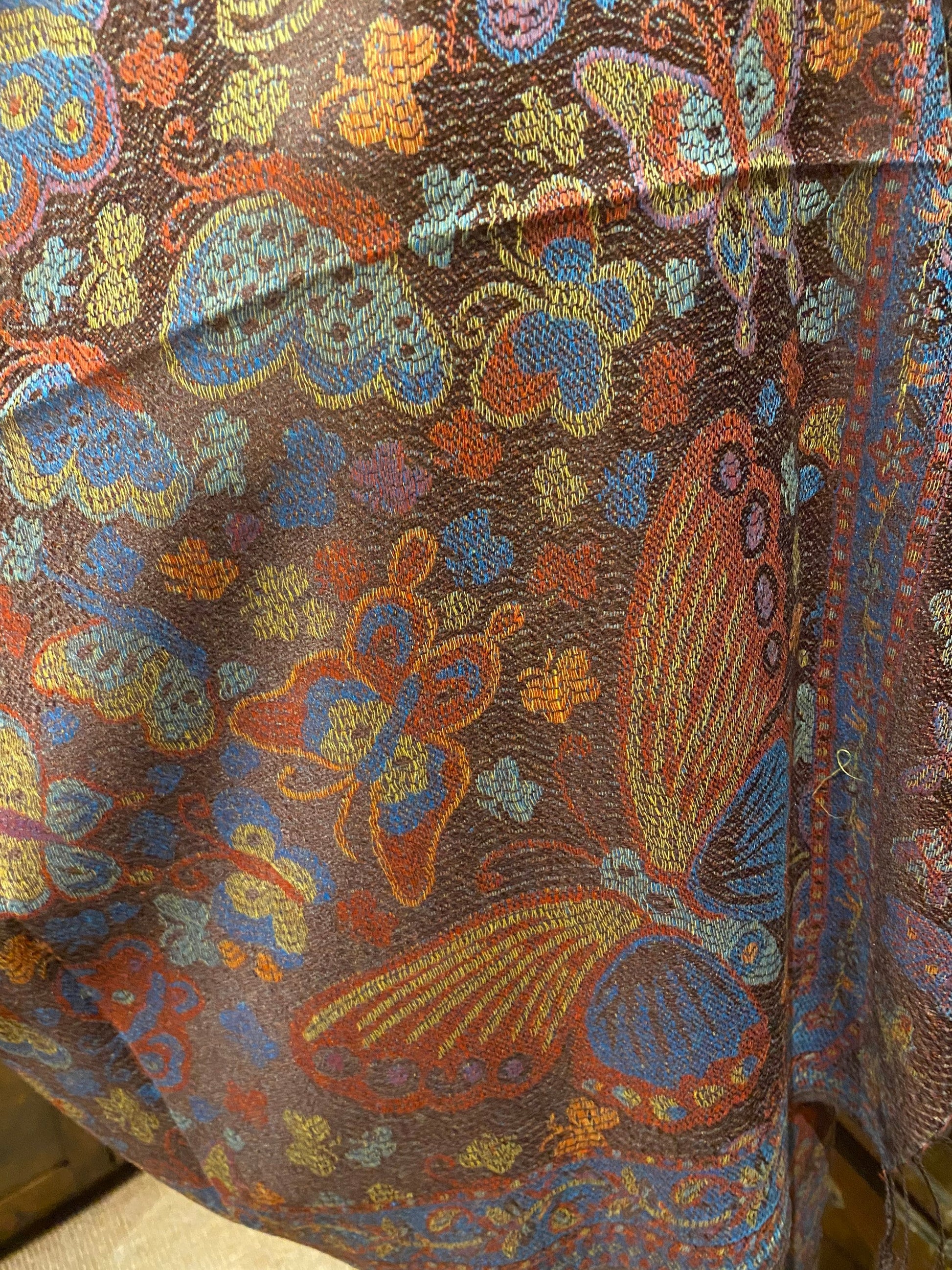 Vintage Brown Jamawar Paisley Butterfly Brocade Pashmina Scarf Wrap Shawl