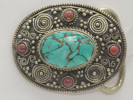 Vintage Tibetian Turquoise and Red Coral Beaded Belt Buckle