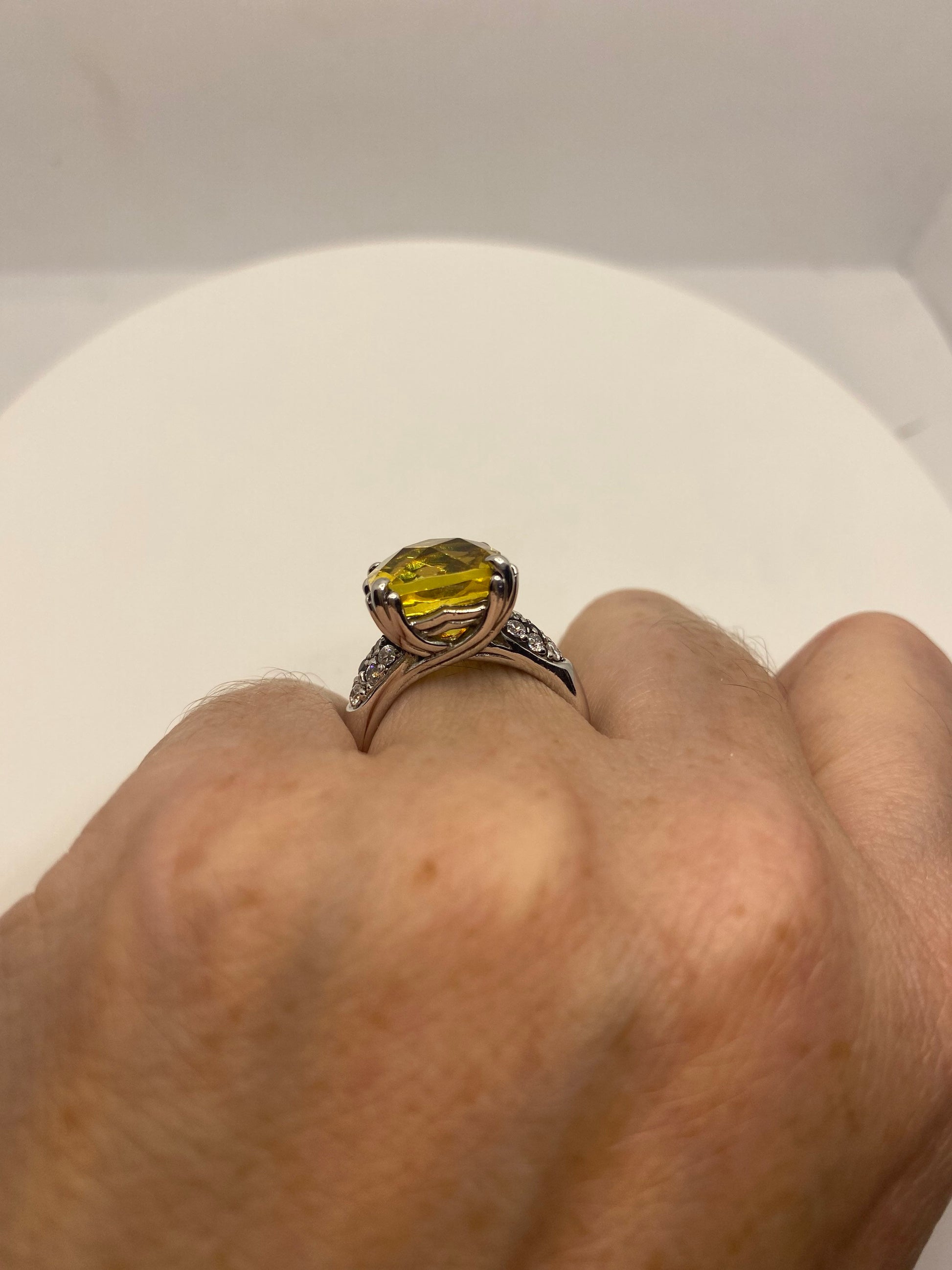 Vintage Golden Citrine and White Sapphire 925 Sterling Silver Cocktail Ring