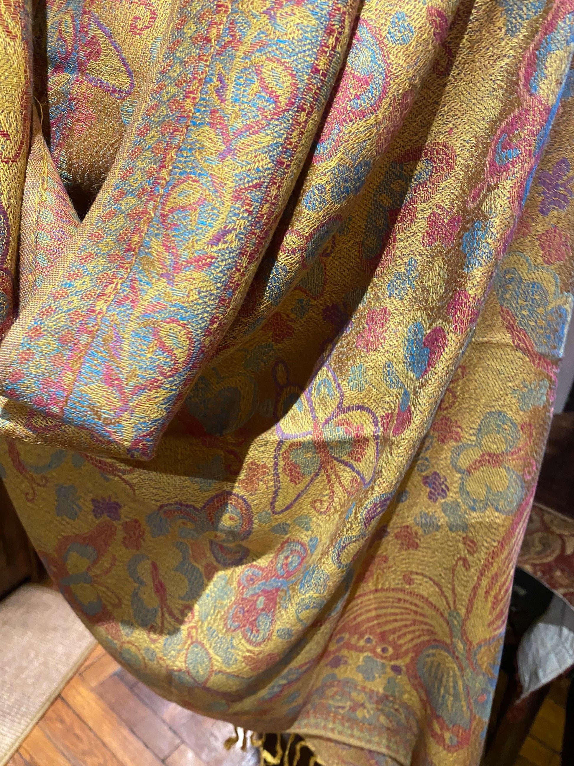 Vintage Jamawar Paisley Butterfly Brocade Pashmina Scarf Wrap Shawl