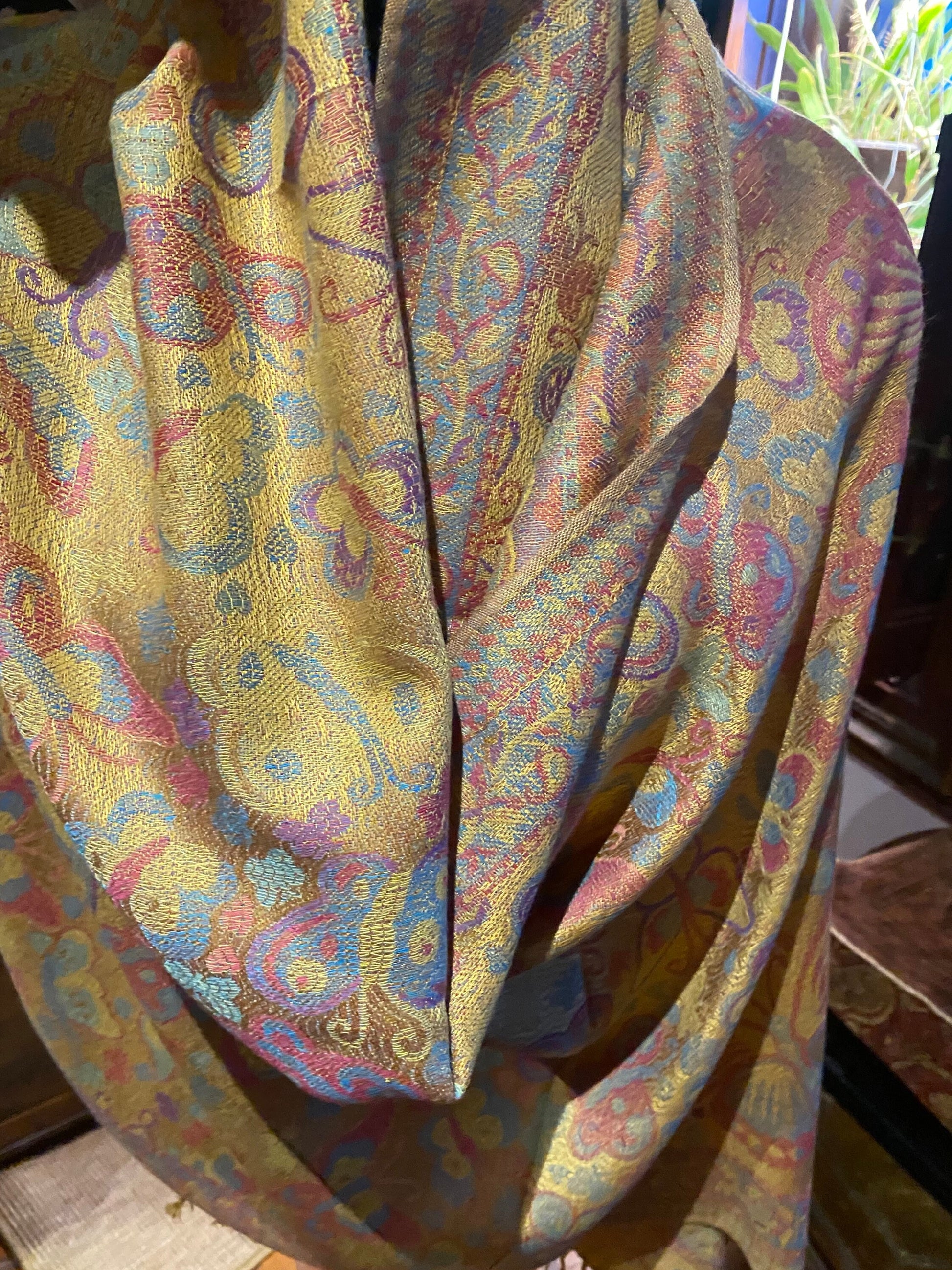 Vintage Jamawar Paisley Butterfly Brocade Pashmina Scarf Wrap Shawl