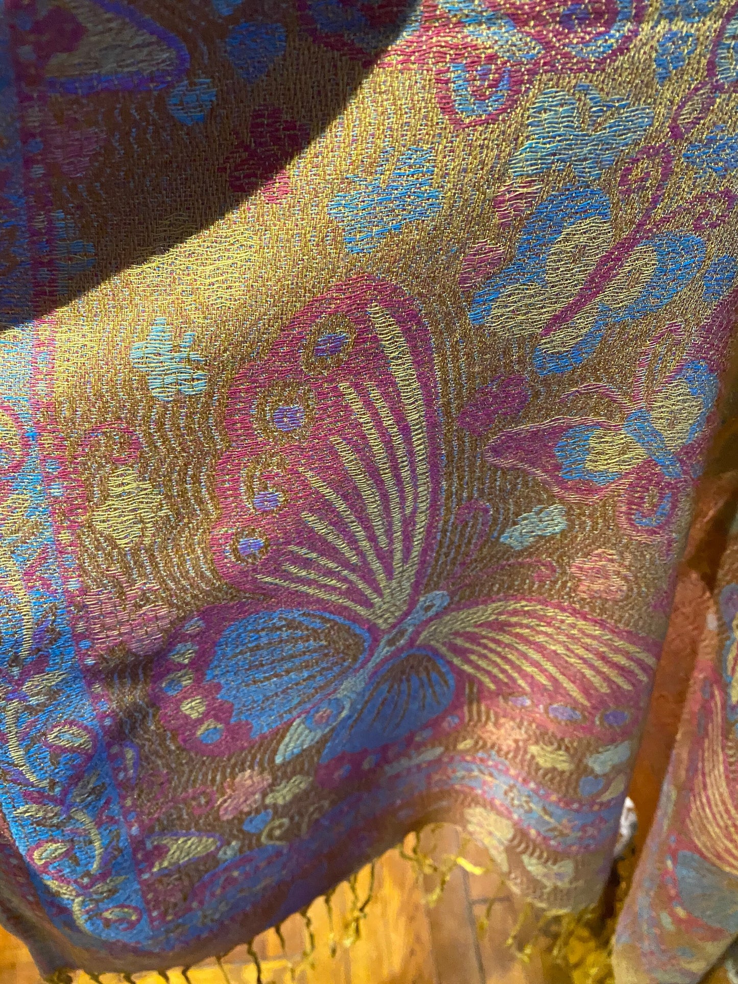 Vintage Jamawar Paisley Butterfly Brocade Pashmina Scarf Wrap Shawl