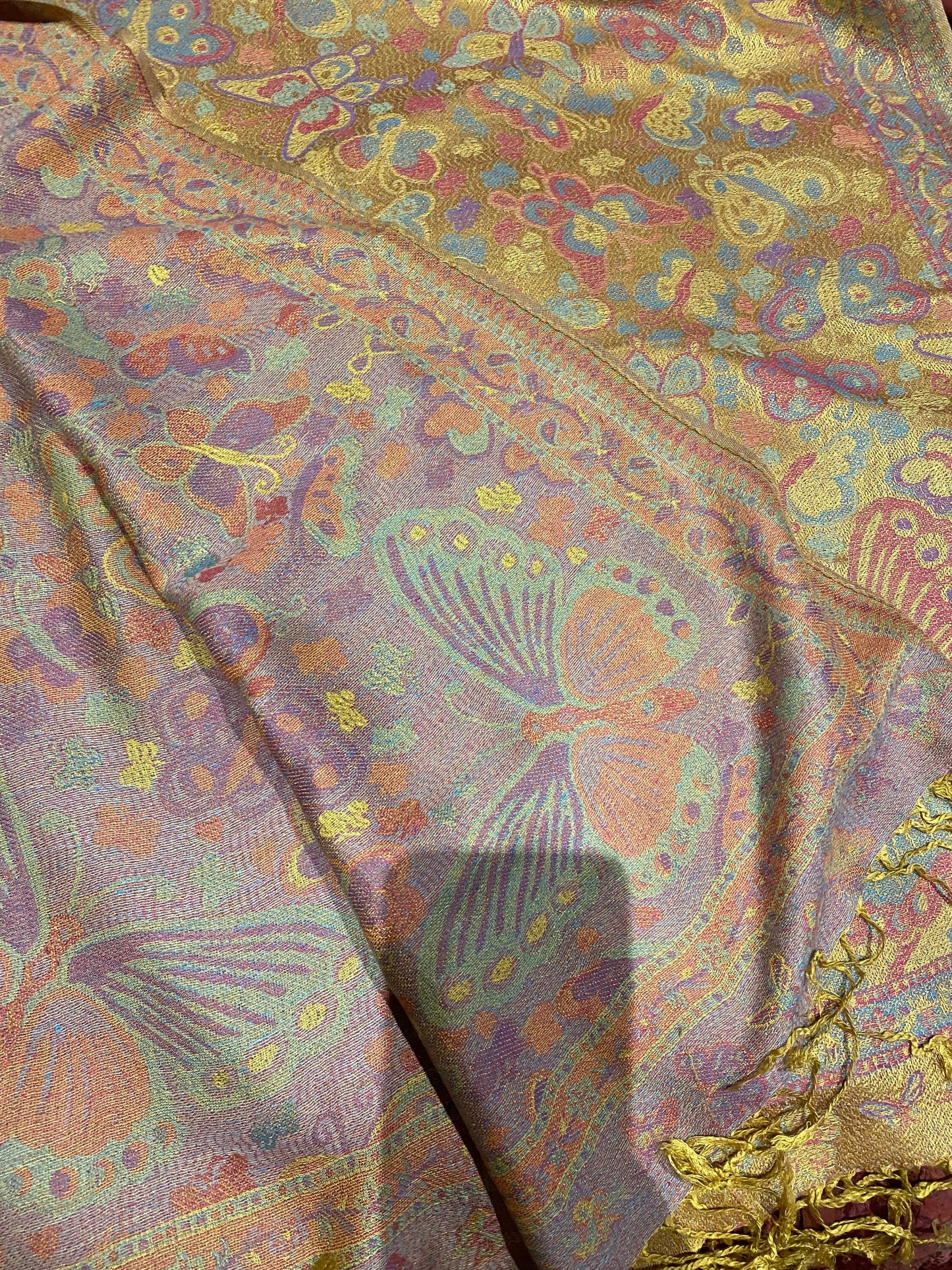 Vintage Jamawar Paisley Butterfly Brocade Pashmina Scarf Wrap Shawl