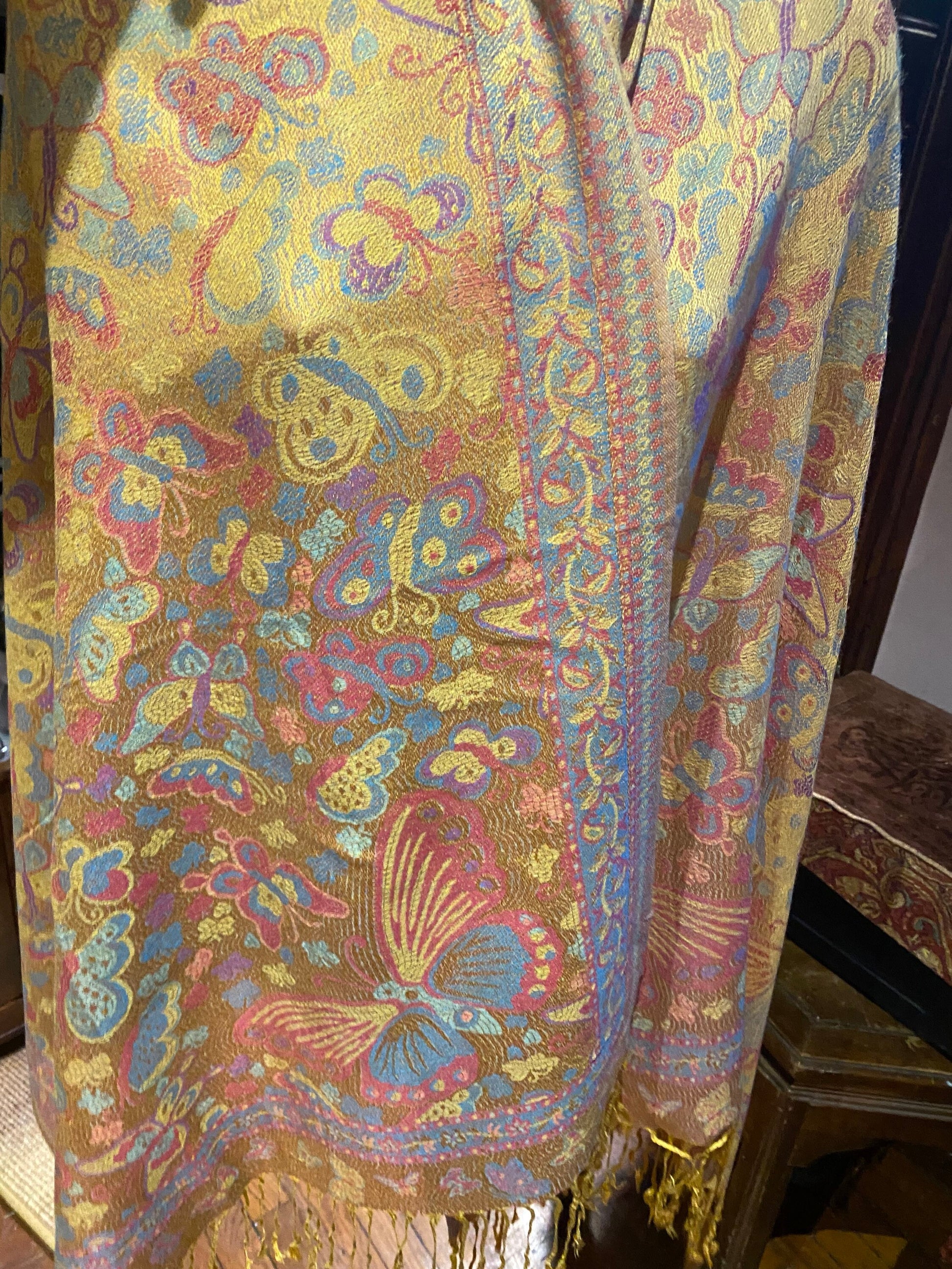 Vintage Jamawar Paisley Butterfly Brocade Pashmina Scarf Wrap Shawl