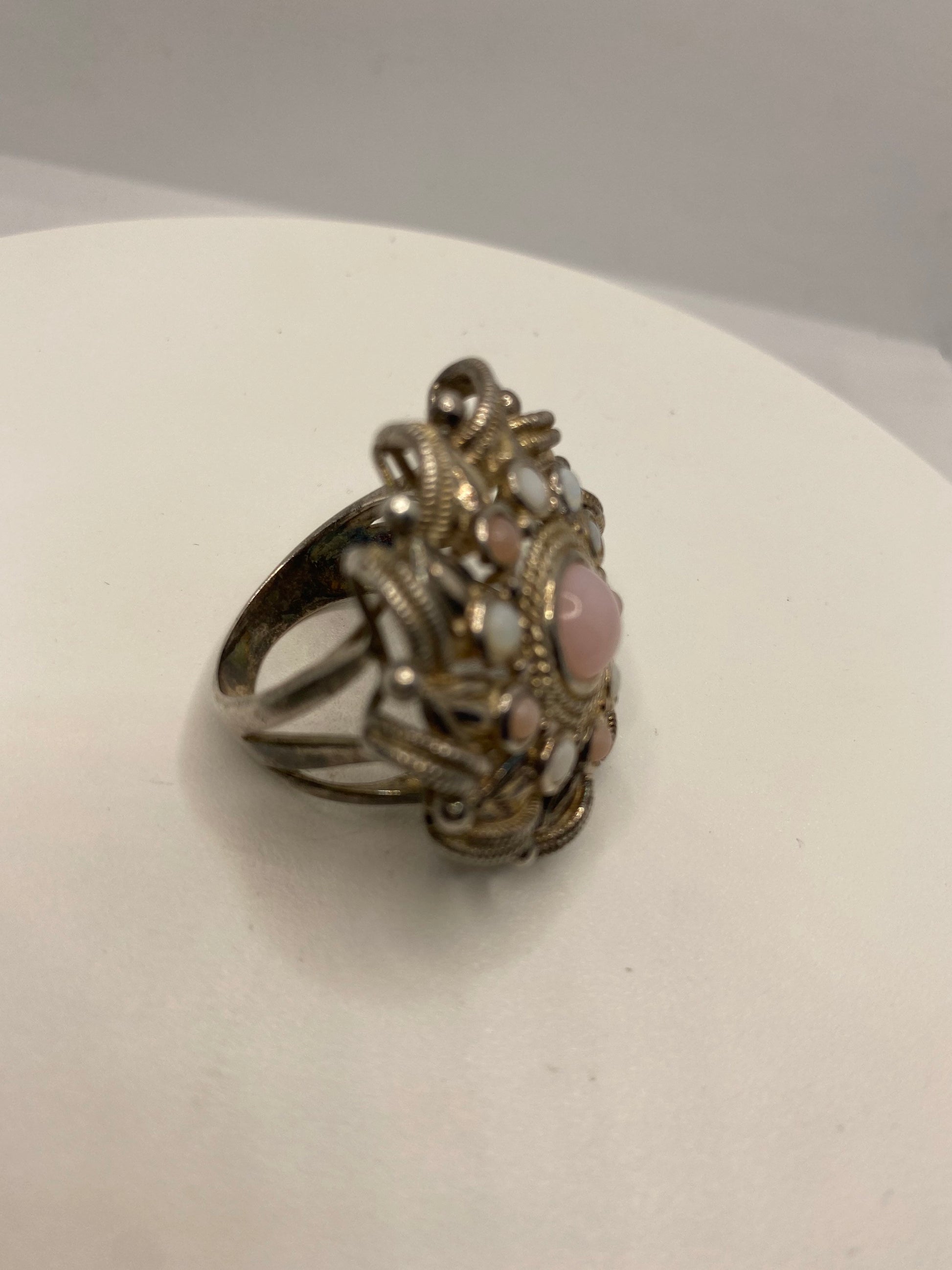 Vintage Rose White Opal 925 Sterling Silver Ring