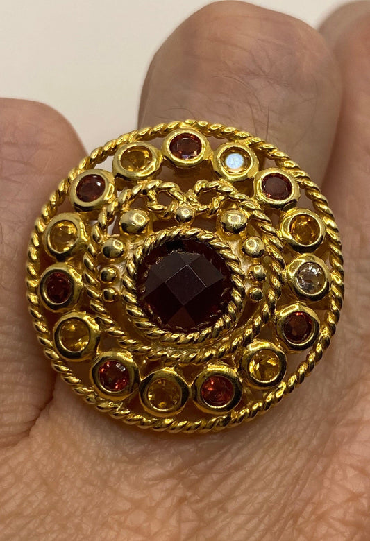 Vintage Red Bohemian Garnet Ring Golden 925 Sterling Silver Cocktail Statement