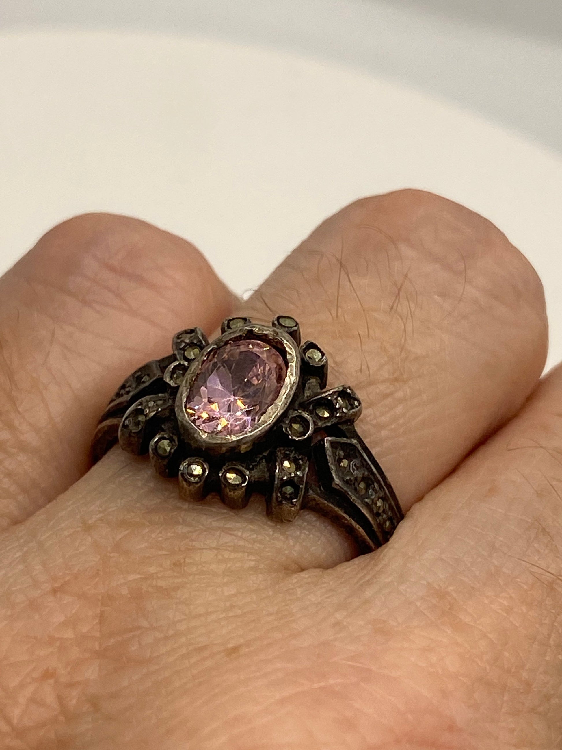 Vintage Pink Ice CZ White Sapphire Deco Marcasite Ring 925 Sterling Silver