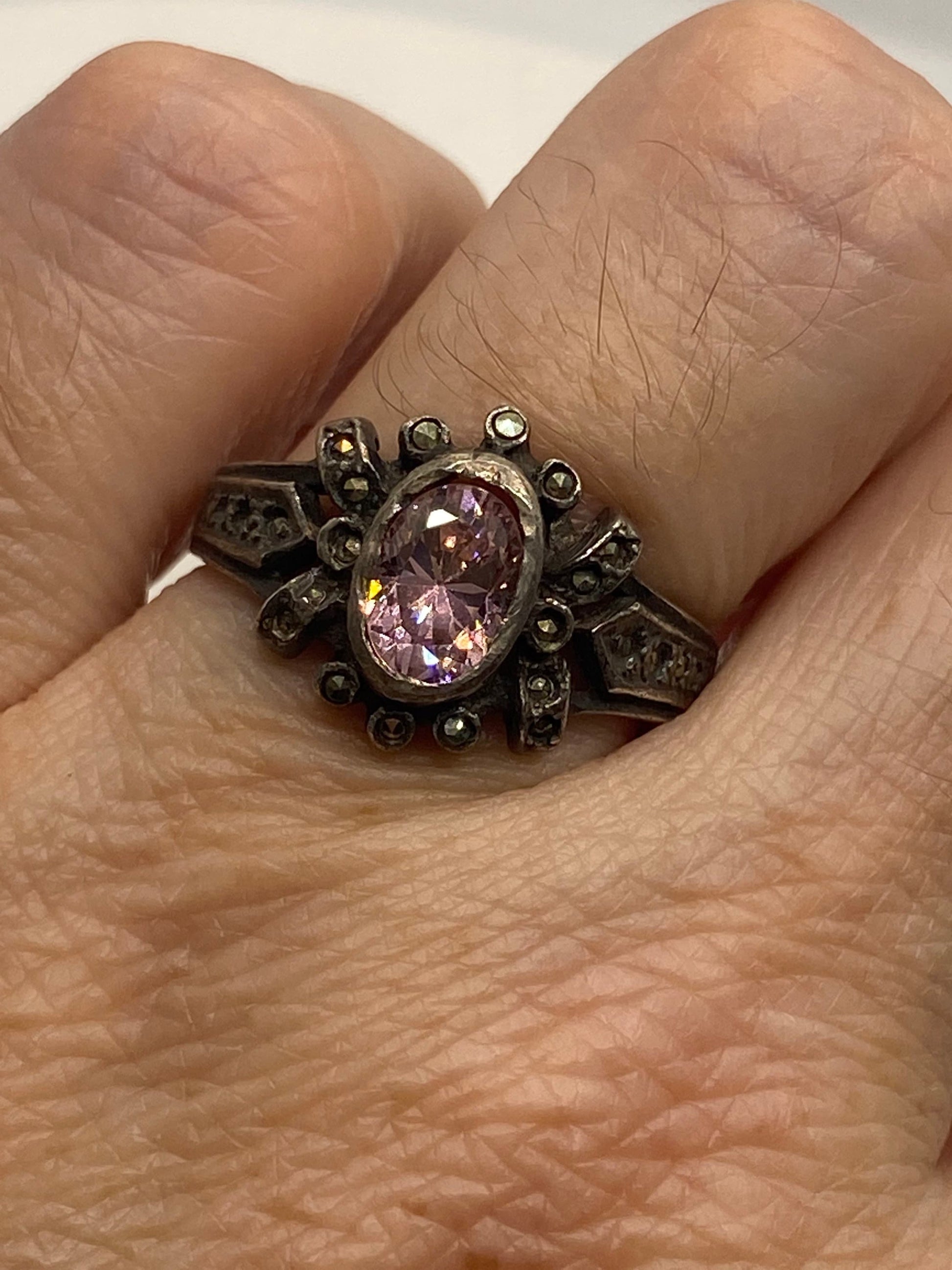 Vintage Pink Ice CZ White Sapphire Deco Marcasite Ring 925 Sterling Silver