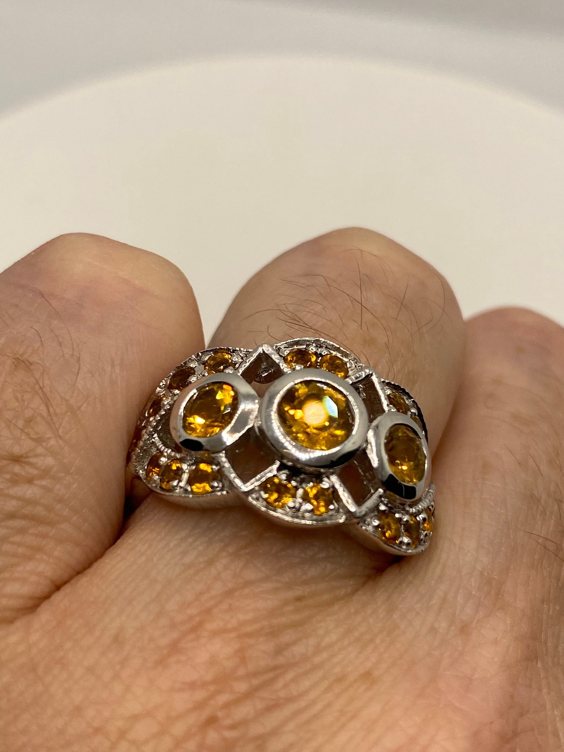 Vintage Golden Citrine 925 Sterling Silver Cocktail Ring