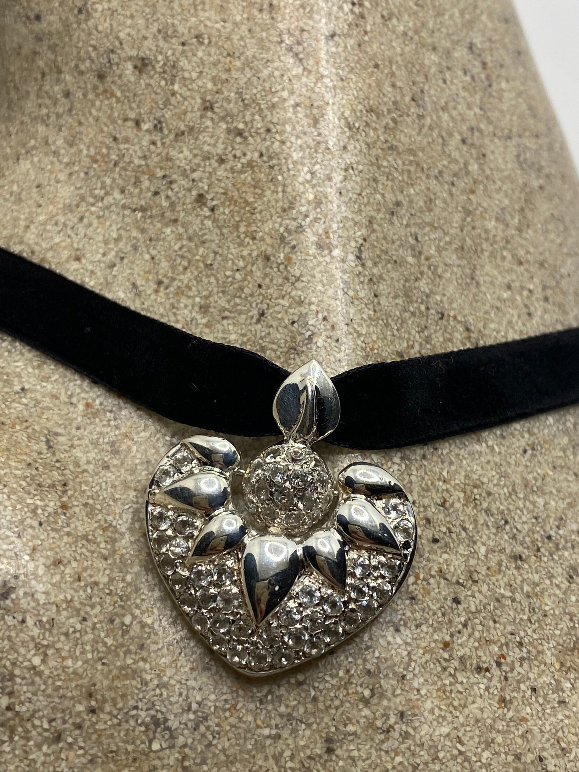 Vintage Handmade 925 Sterling Silver White Sapphire Heart Pendant Choker