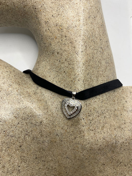 Vintage 925 Sterling Silver White Sapphire Heart Pendant Choker