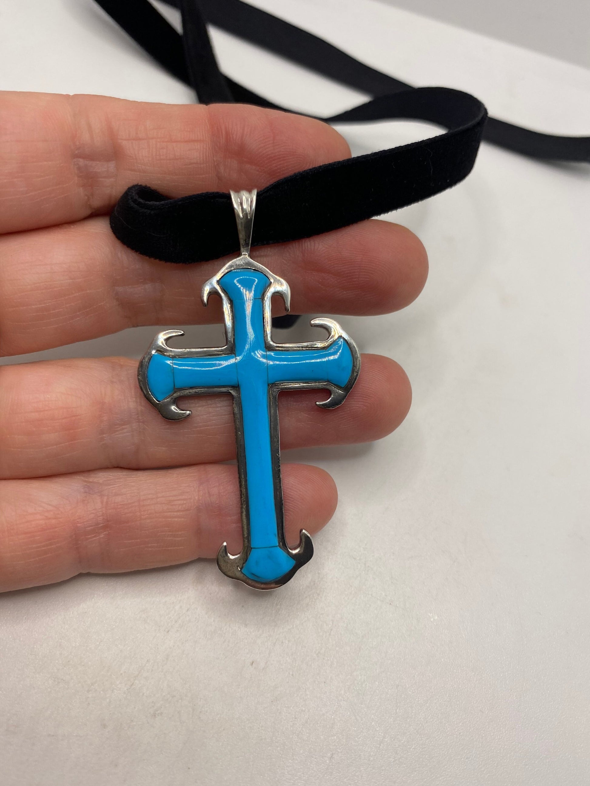 Vintage Turquoise Cross Choker 925 Sterling Silver Pendant Necklace