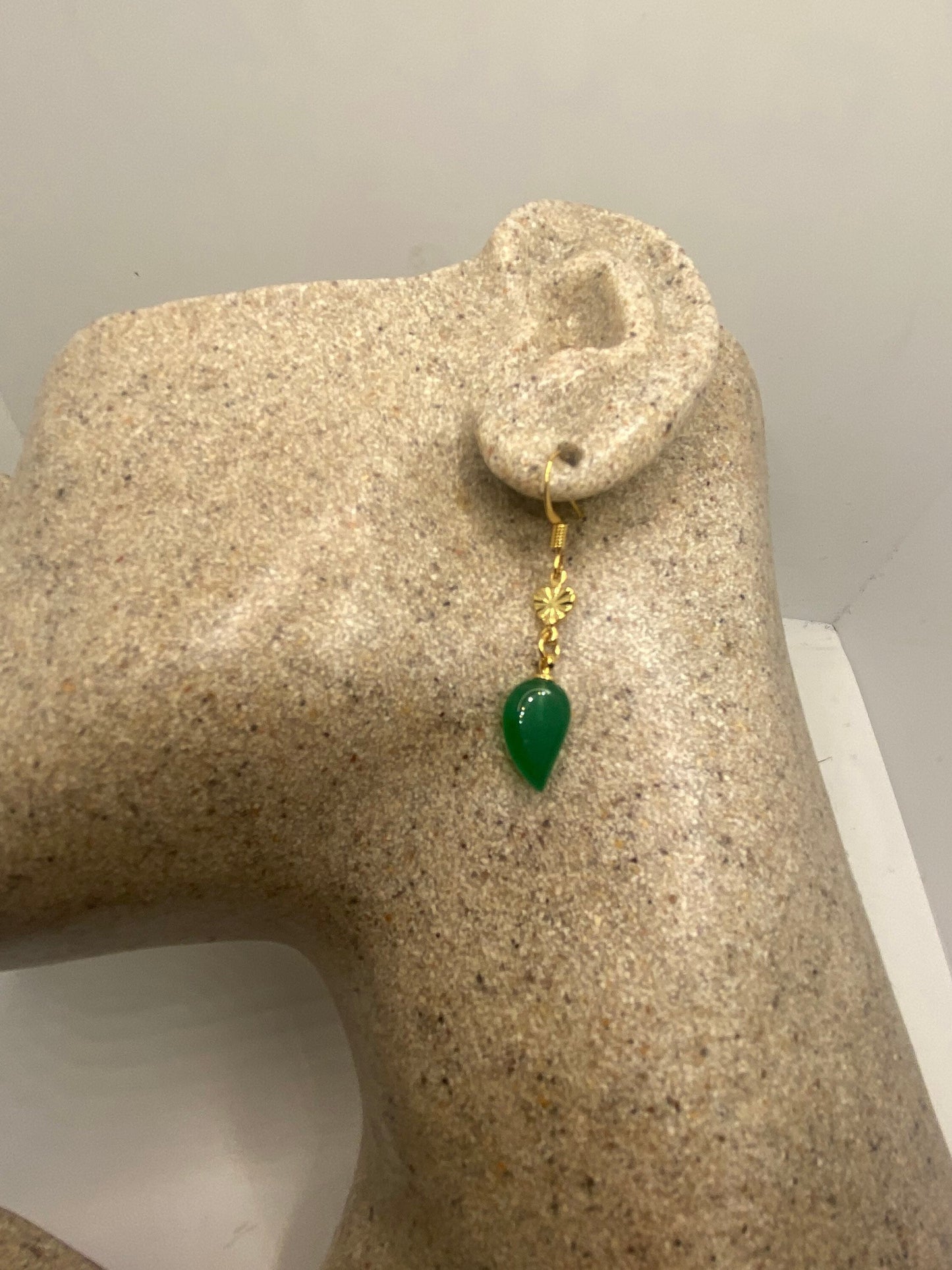 Vintage Fun Green Jade Gemstone Golden Bronze Earrings