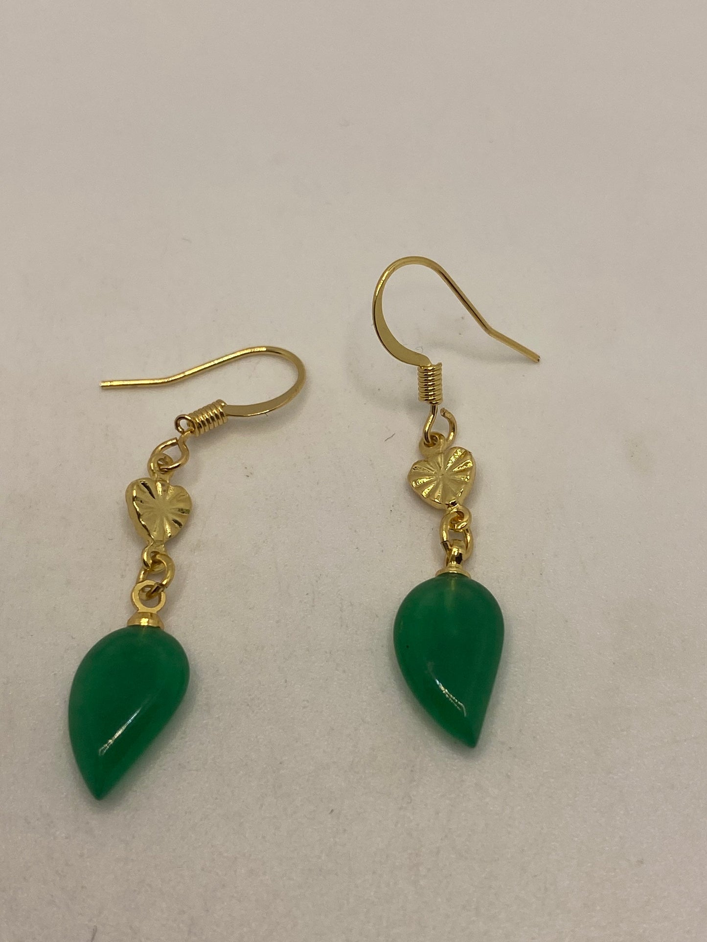 Vintage Fun Green Jade Gemstone Golden Bronze Earrings