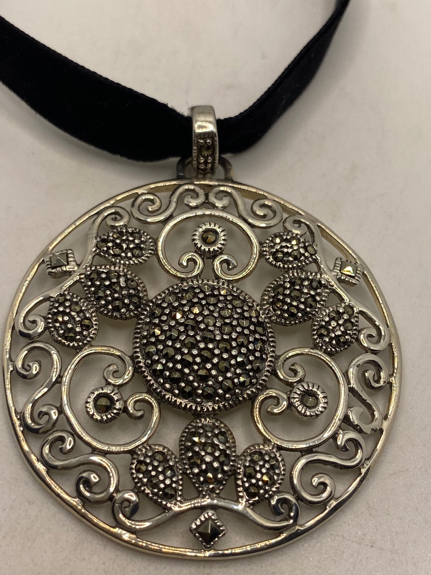 Vintage Marcasite 925 Sterling Silver Velvet Choker Pendant Necklace