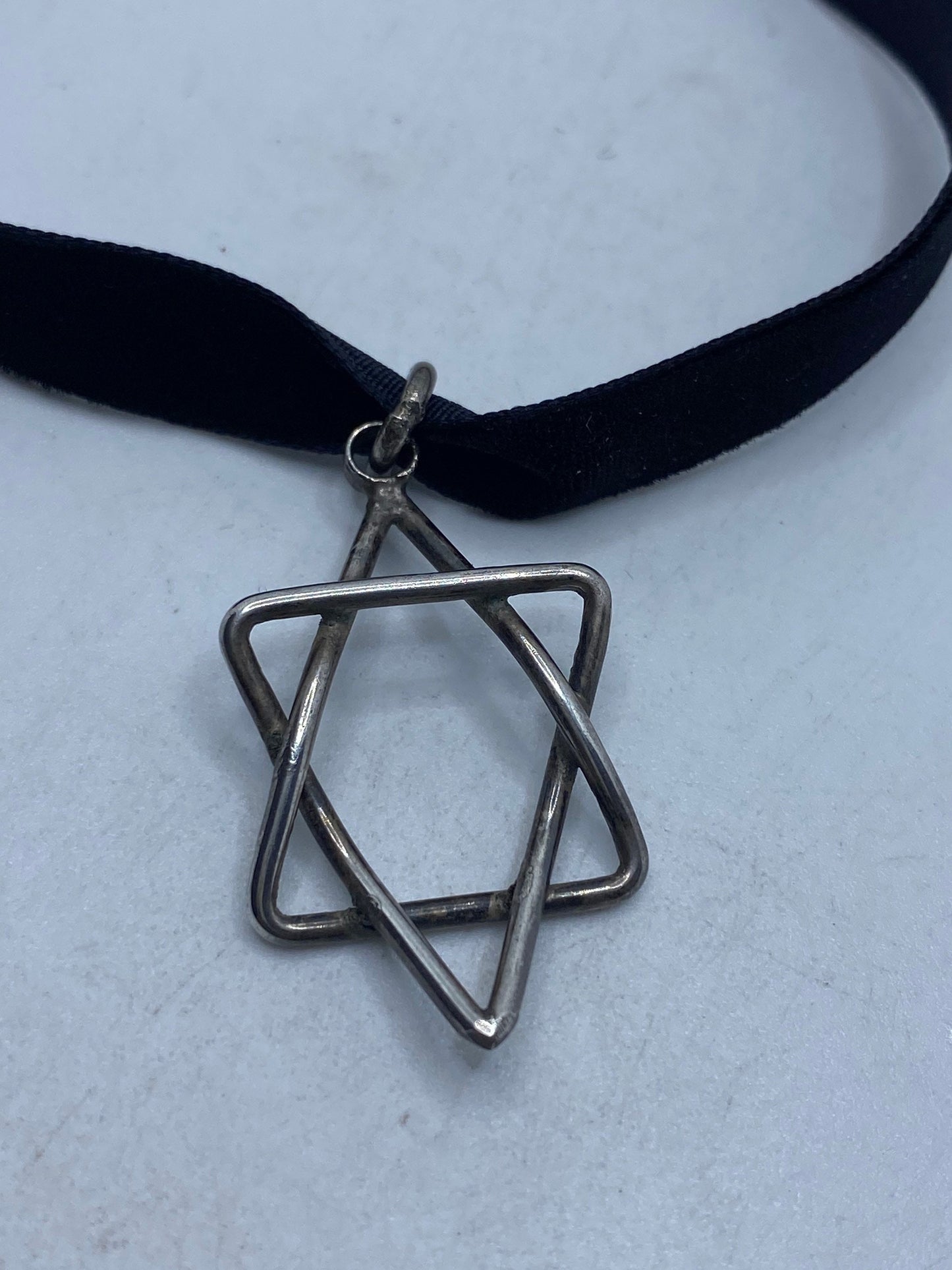 Vintage Handmade 925 Sterling Silver Star of David Velvet Choker Pendant