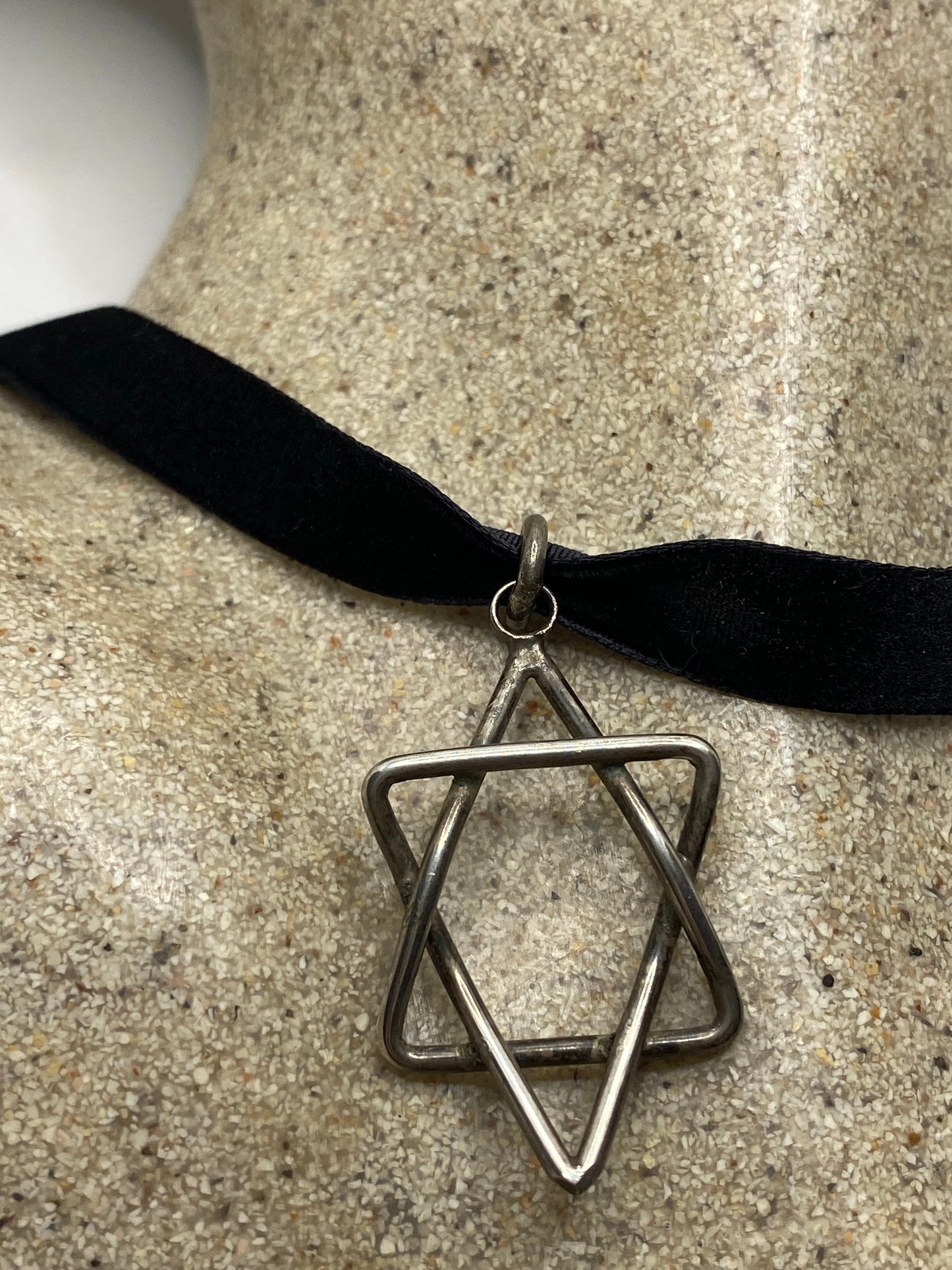 Vintage Handmade 925 Sterling Silver Star of David Velvet Choker Pendant