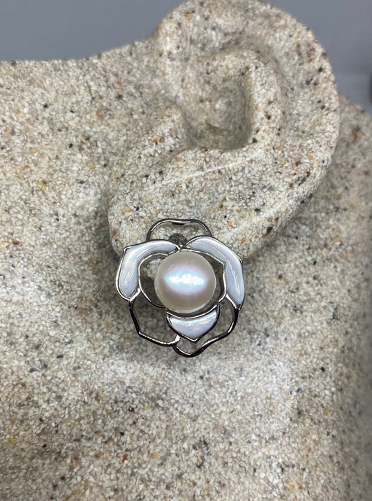 Vintage Genuine White Pearl 925 Sterling Silver Button Rose Earrings