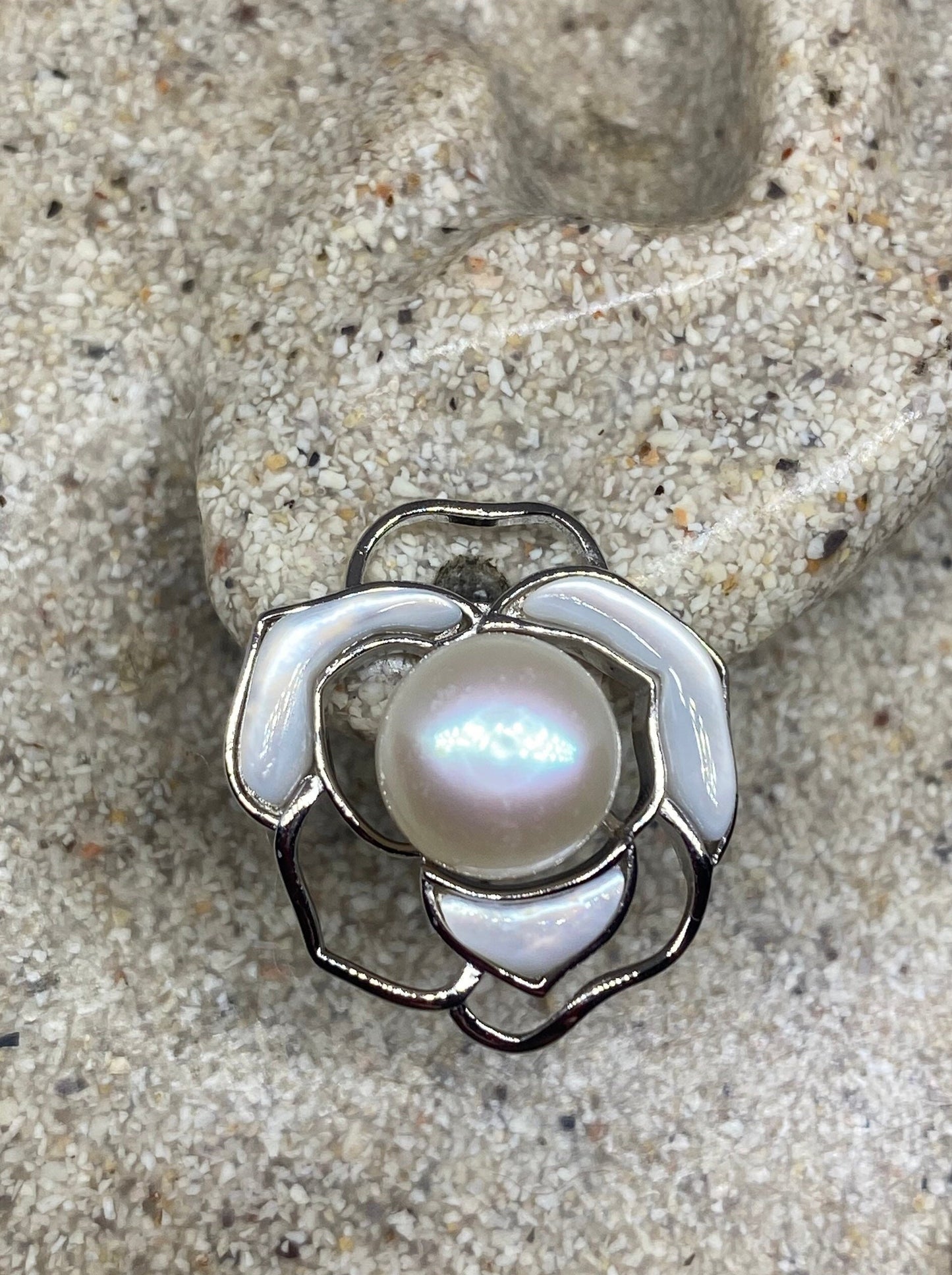 Vintage Genuine White Pearl 925 Sterling Silver Button Rose Earrings