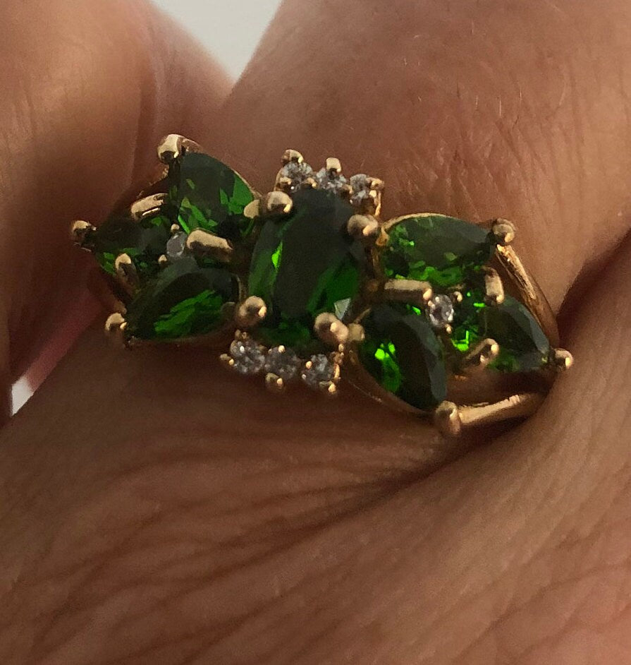 Green Chrome Diopside Gothic Knot Ring in Golden 925 Sterling Silver Filigree Vintage Handmade