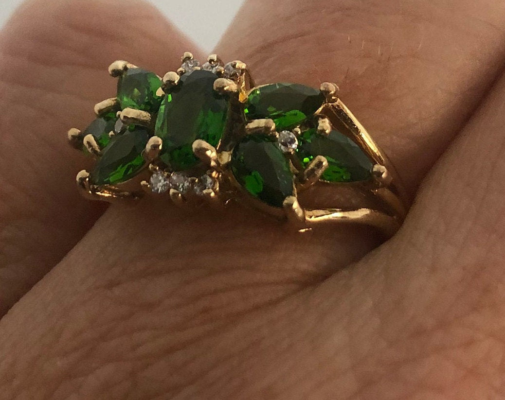 Green Chrome Diopside Gothic Knot Ring in Golden 925 Sterling Silver Filigree Vintage Handmade