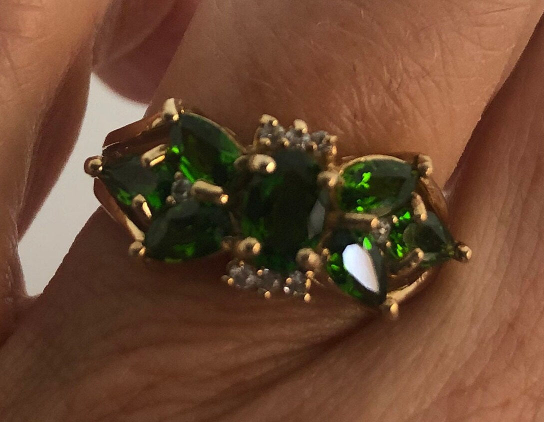 Green Chrome Diopside Gothic Knot Ring in Golden 925 Sterling Silver Filigree Vintage Handmade