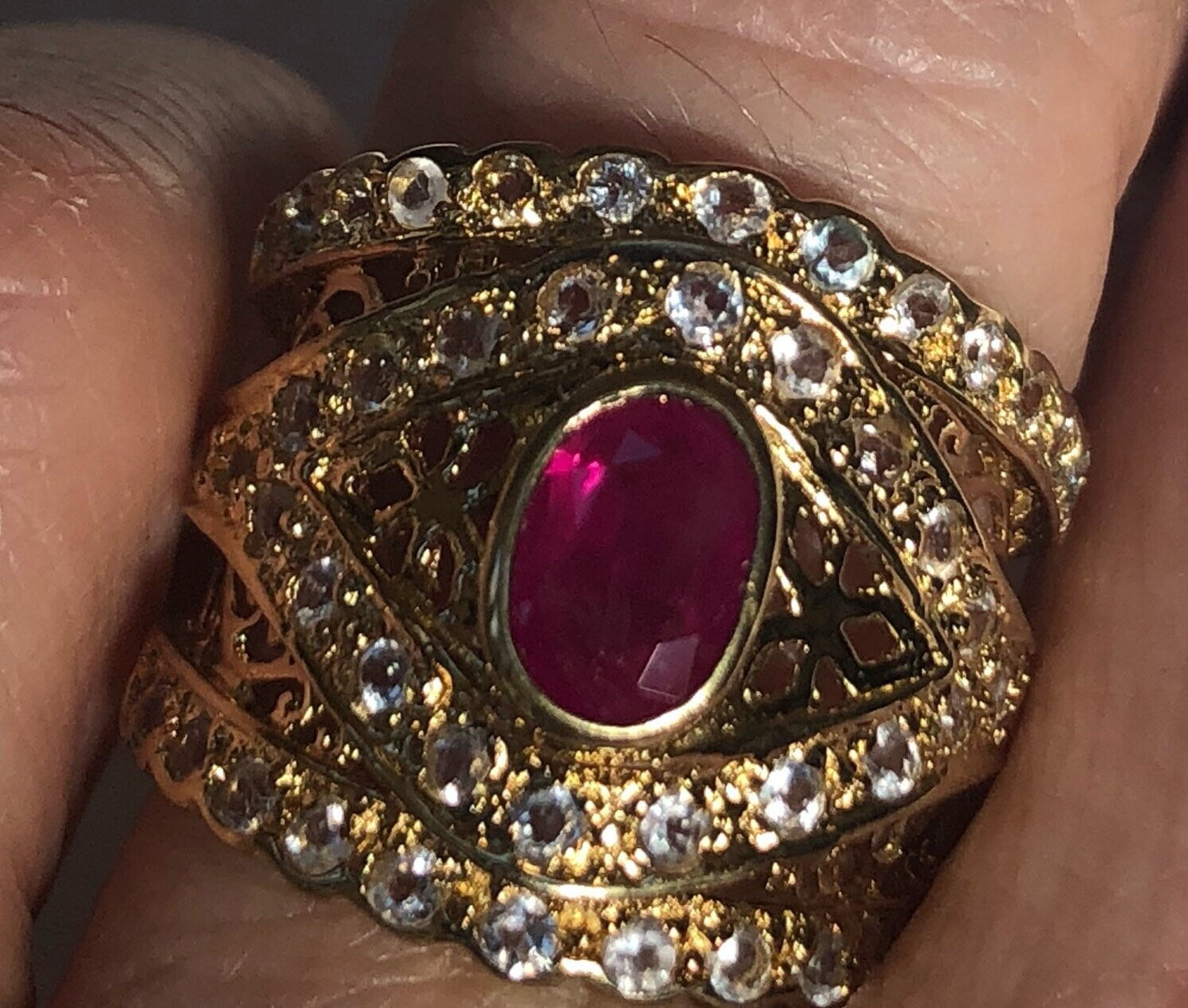 Pink Ruby White Sapphire Ring in Golden 925 Sterling Silver Vintage Handmade