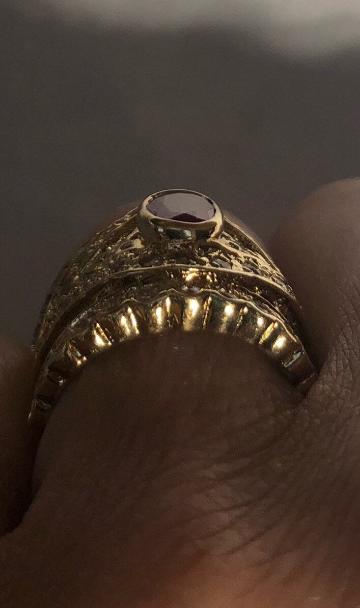 Pink Ruby White Sapphire Ring in Golden 925 Sterling Silver Vintage Handmade