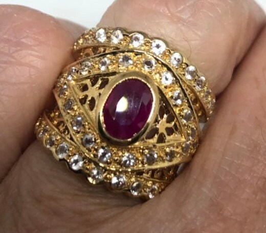 Pink Ruby White Sapphire Ring in Golden 925 Sterling Silver Vintage Handmade