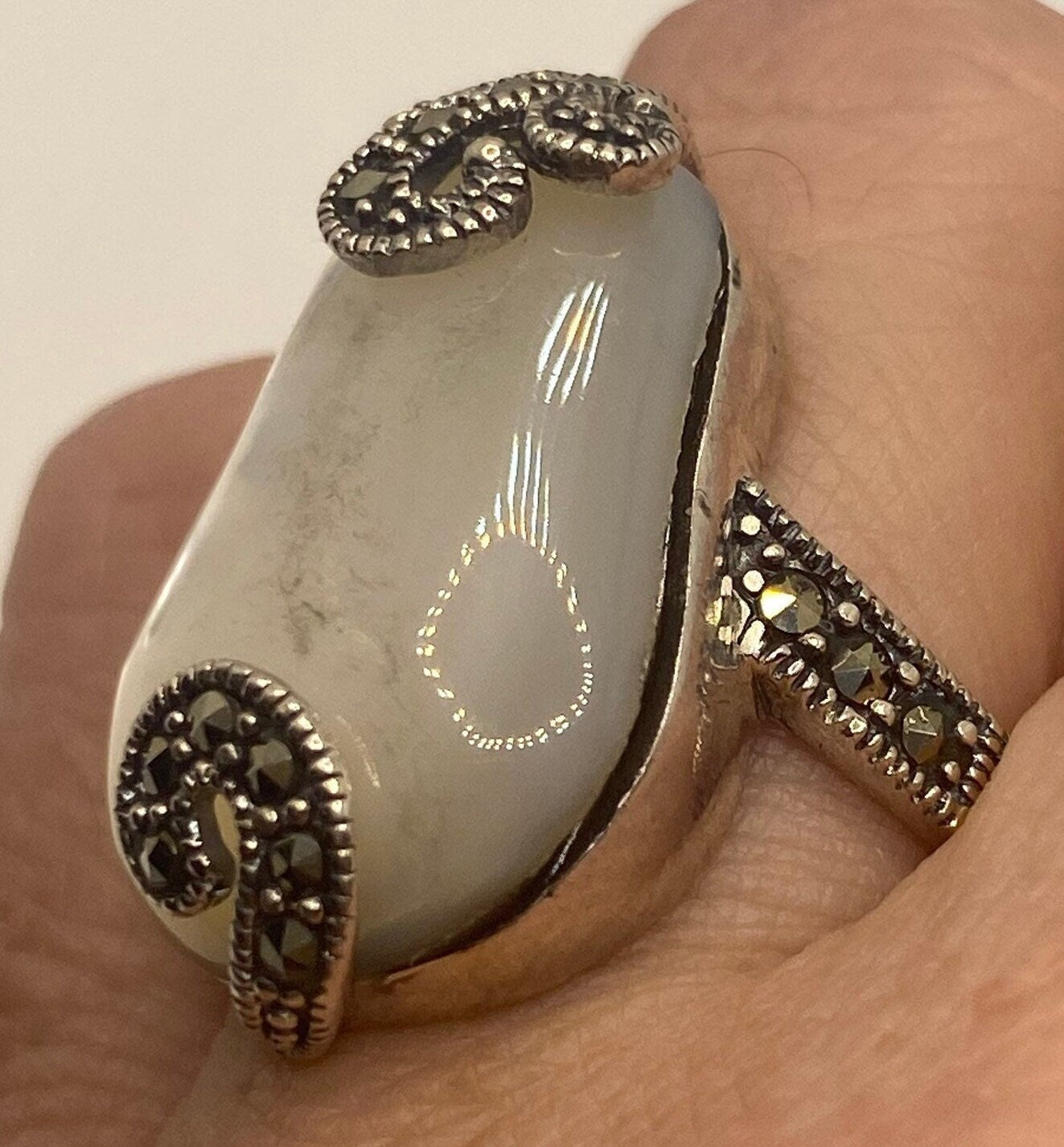 Marcasite Mother of Pearl Cocktail Ring in 925 Sterling Silver Size 7 Vintage Handmade