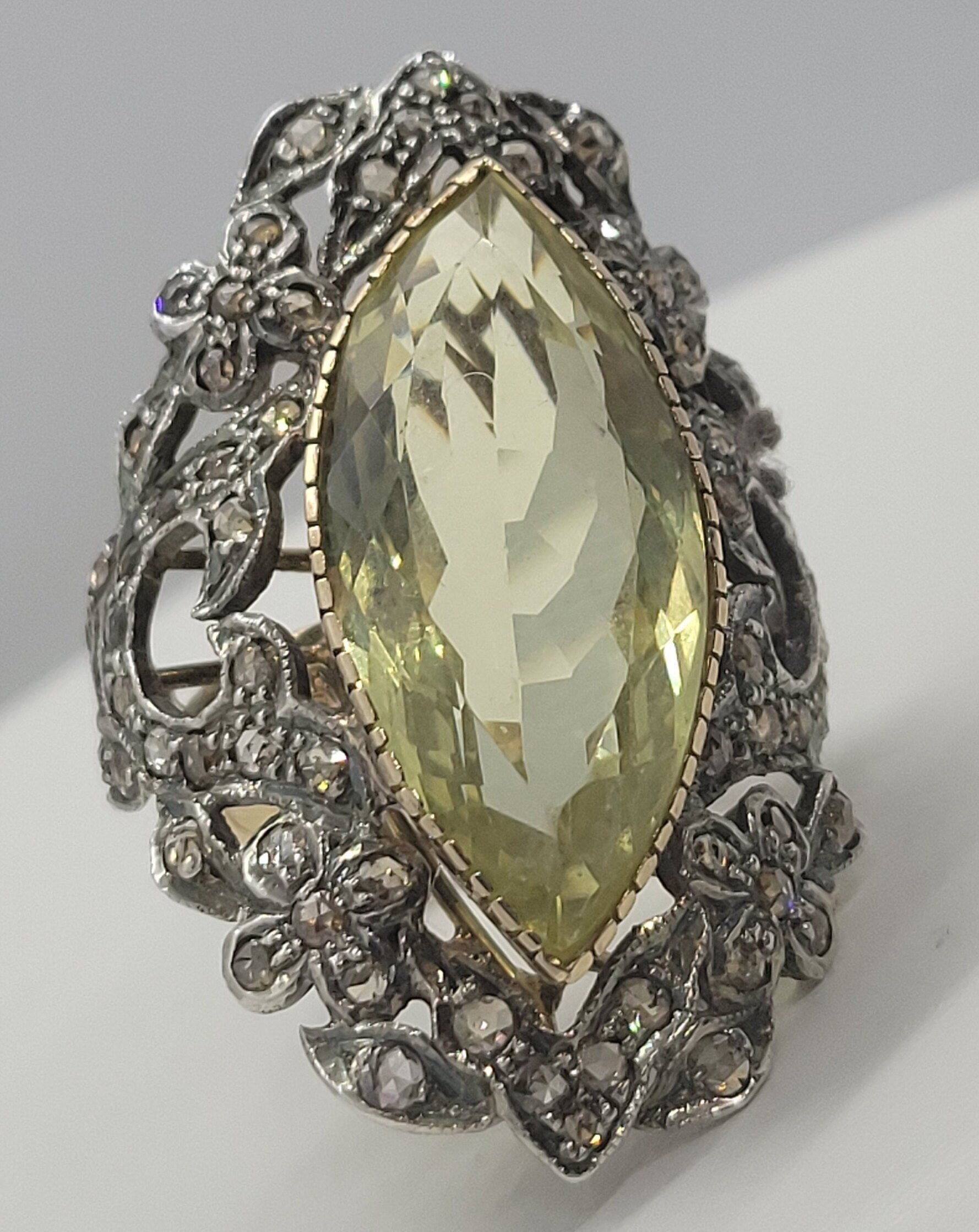 Vintage Lemon Quartz with Diamond in 925 Sterling Silver and 18k Gold Ring with Genuine Lemon Quartz with Diamond