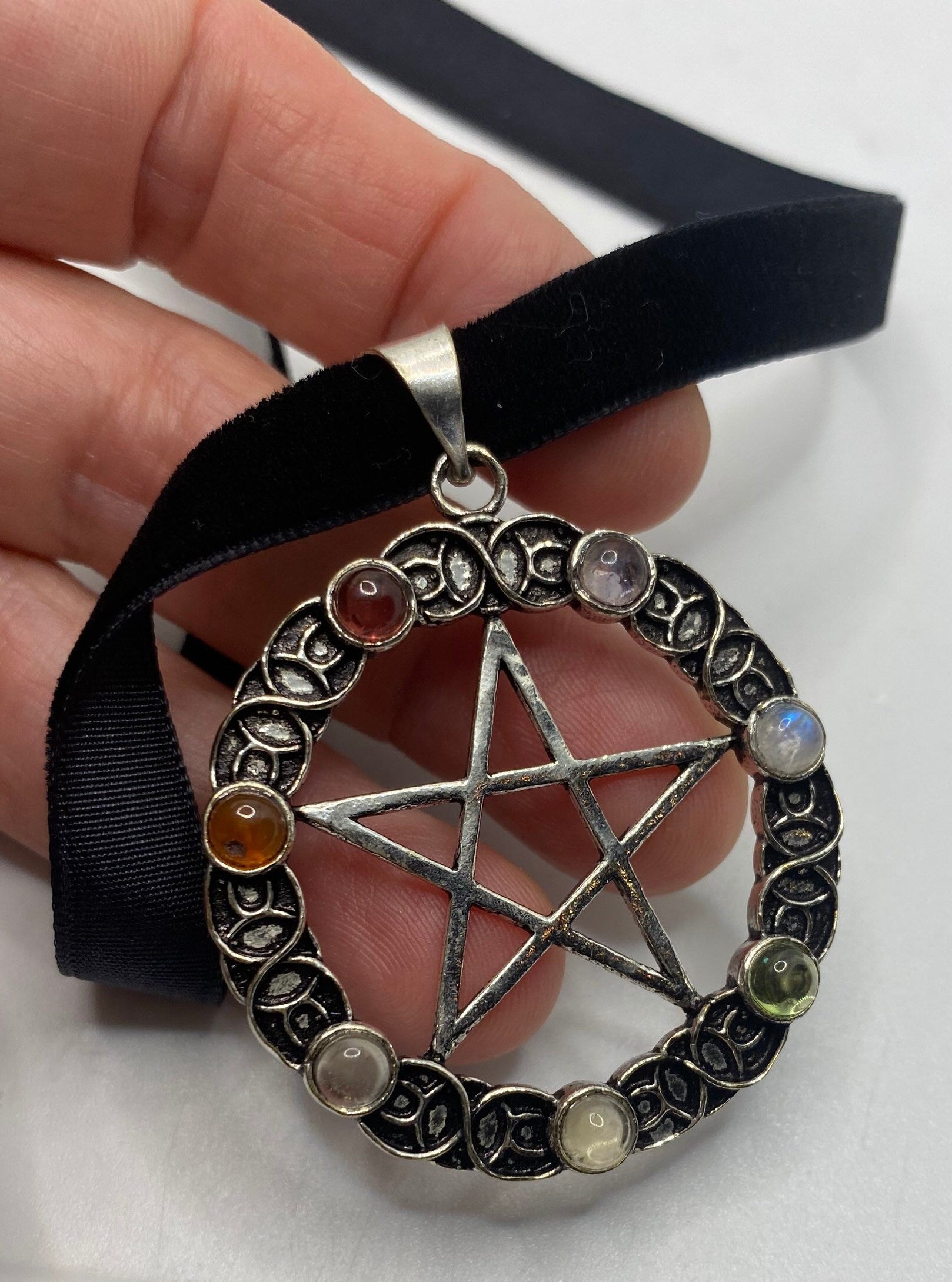 Chakra Stones in Bronze Pentagram Star on Velvet Choker Necklace Vintage