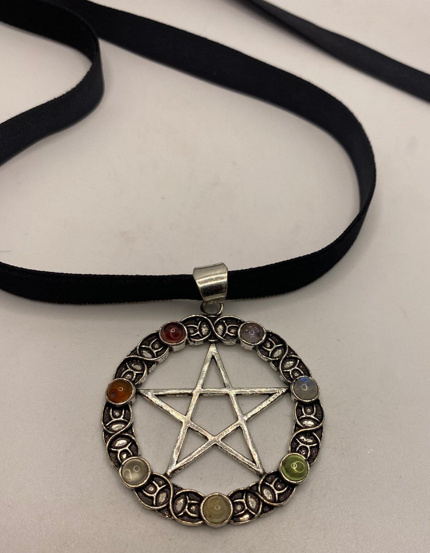 Chakra Stones in Bronze Pentagram Star on Velvet Choker Necklace Vintage