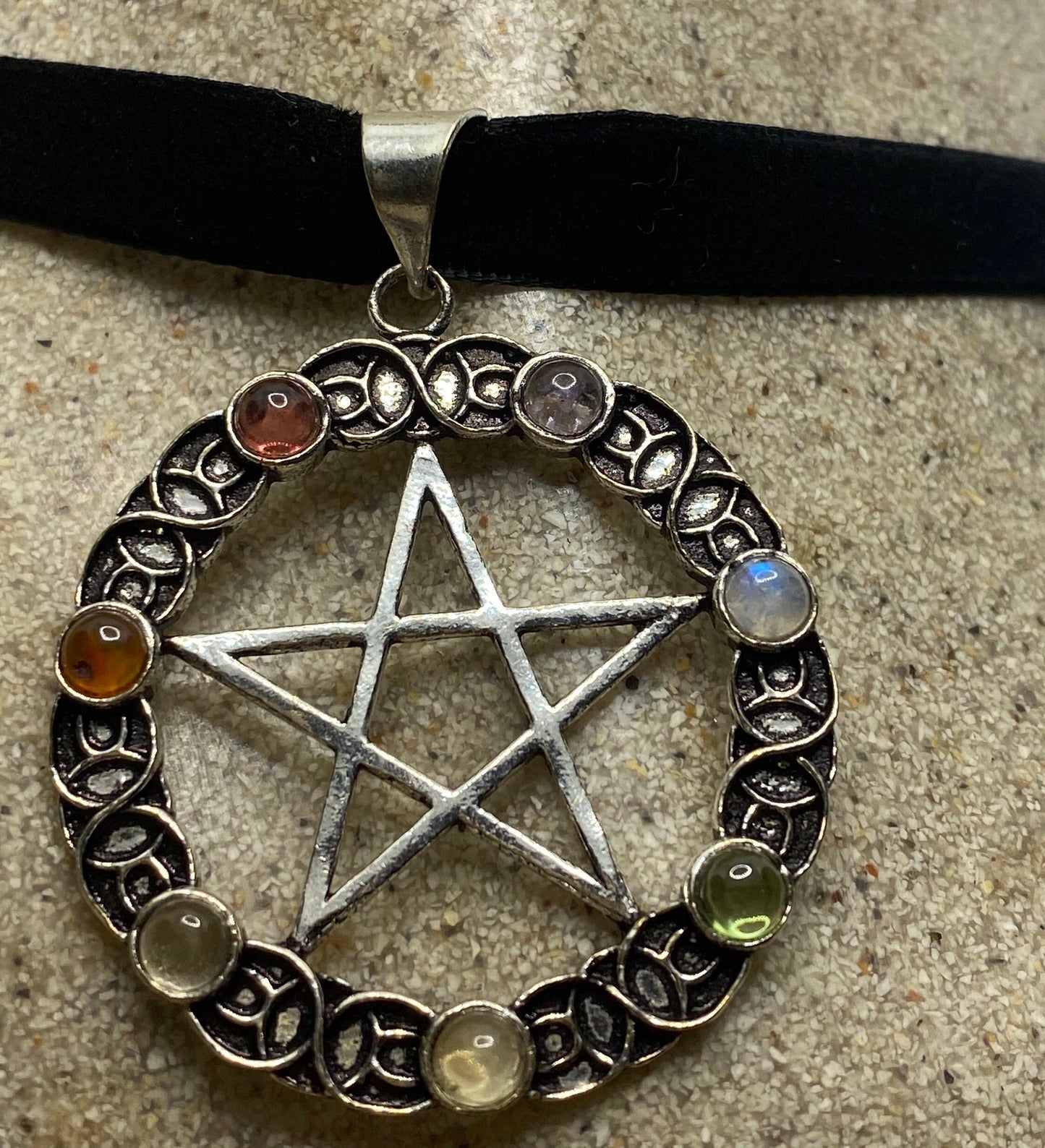 Chakra Stones in Bronze Pentagram Star on Velvet Choker Necklace Vintage