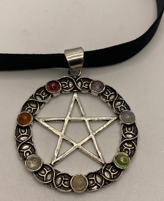 Chakra Stones in Bronze Pentagram Star on Velvet Choker Necklace Vintage