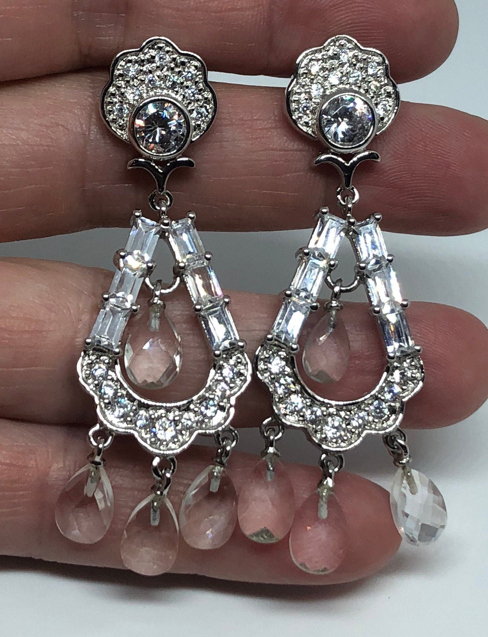 925 Sterling Silver CZ Crystal Chandelier Earrings Dramatic Vintage Handmade