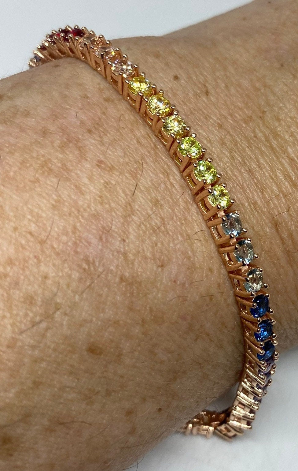 Rainbow Cubic Zirconia Bracelet Rose Gold Sterling Silver Tennis Vintage Handmade