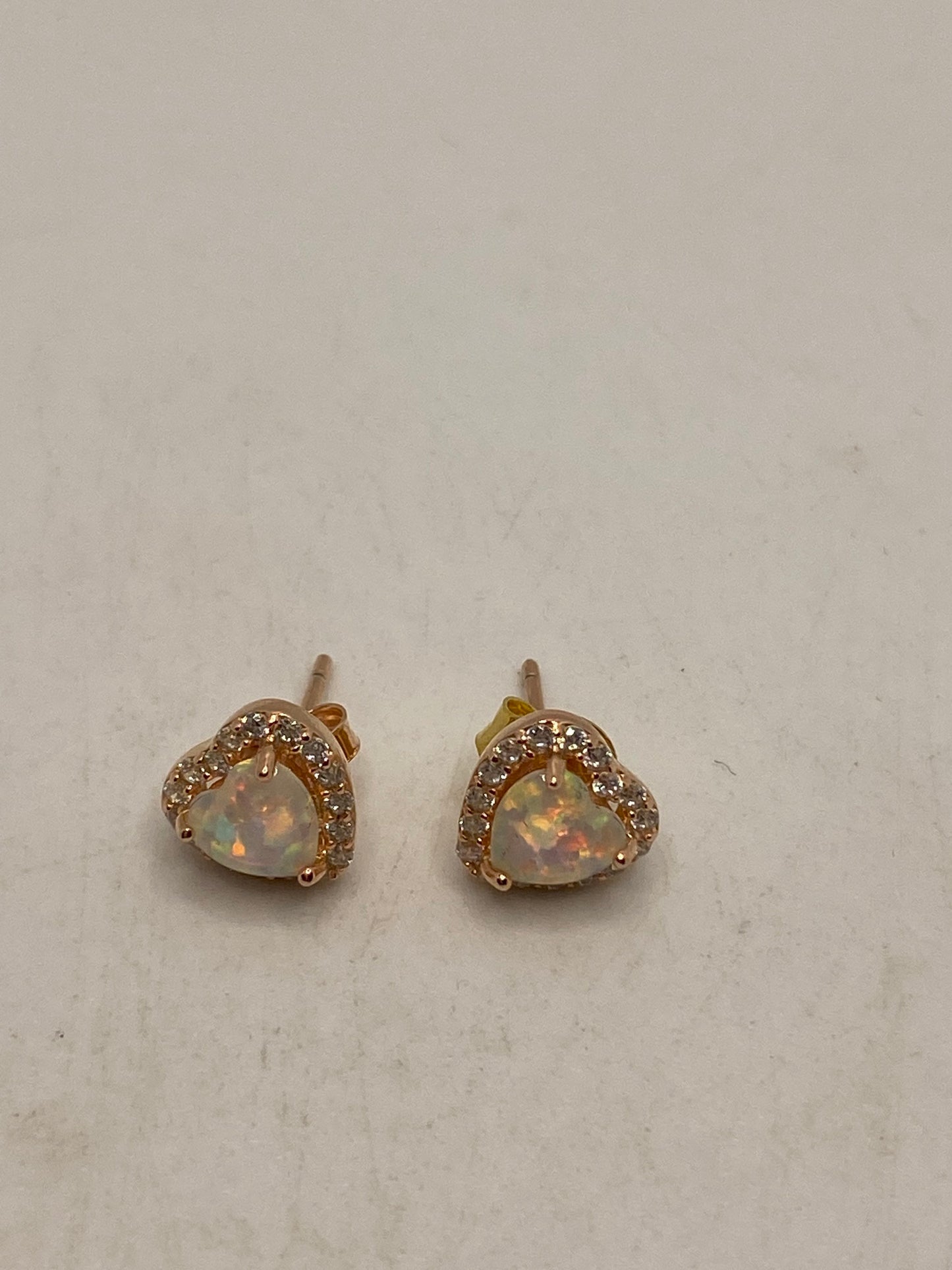 Vintage White Opal Heart Earrings Rose Golden 925 Sterling Silver Stud Button