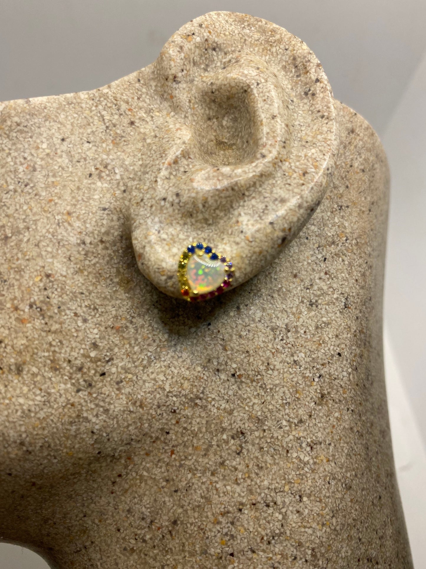 Vintage White Opal Heart Earrings Rose Golden 925 Sterling Silver Stud Button