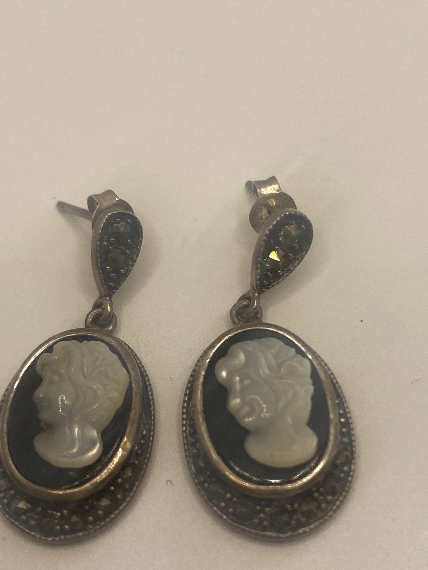 Vintage Cameo Earrings Marcasite Black Onyx 925 Sterling Silver Deco Dangle Chandelier