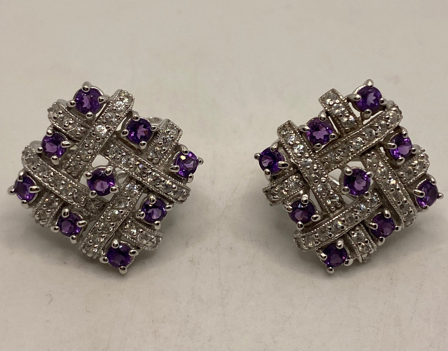 Vintage Amethyst Earrings 925 Sterling Silver Deco Button