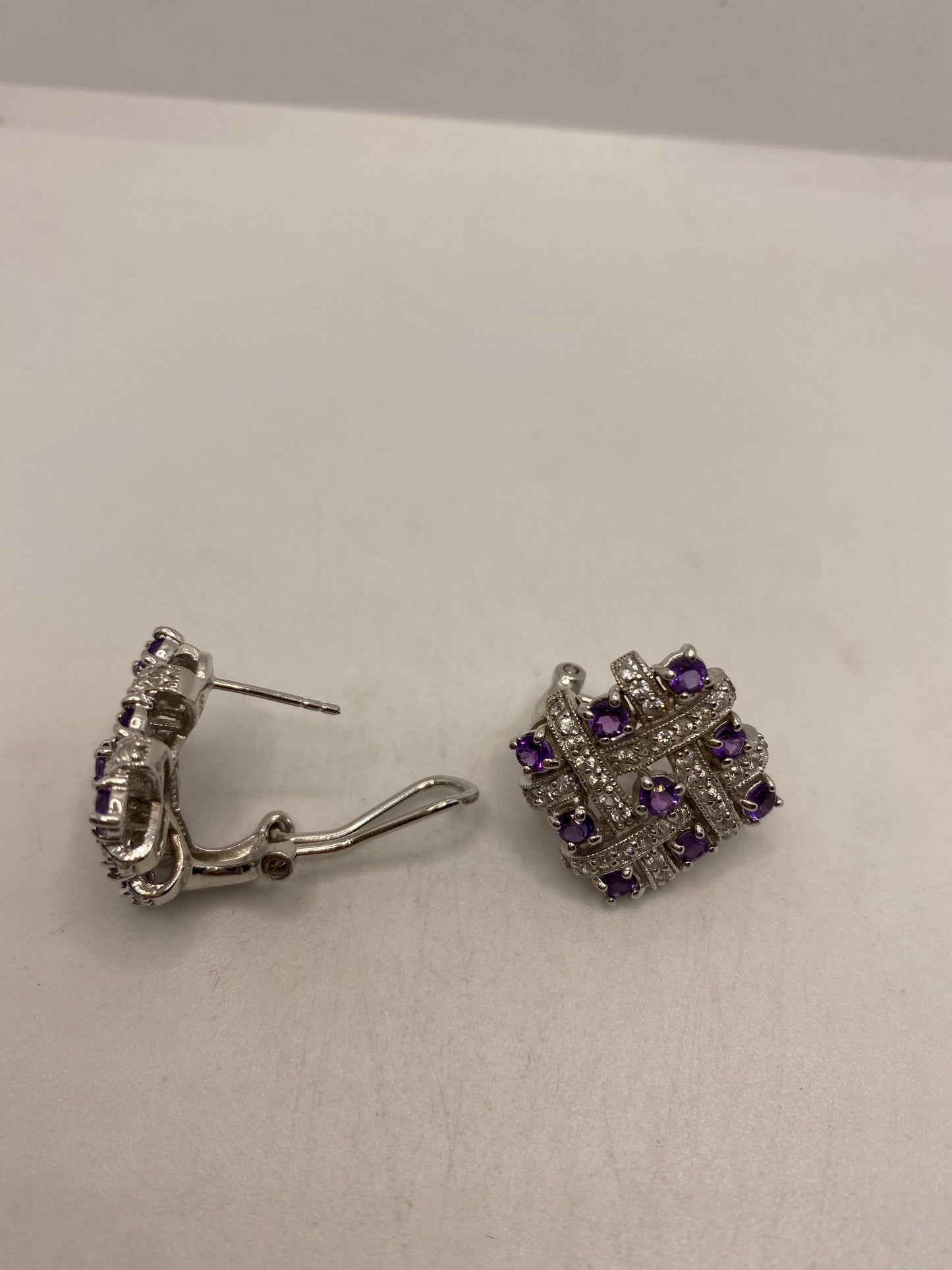 Vintage Amethyst Earrings 925 Sterling Silver Deco Button