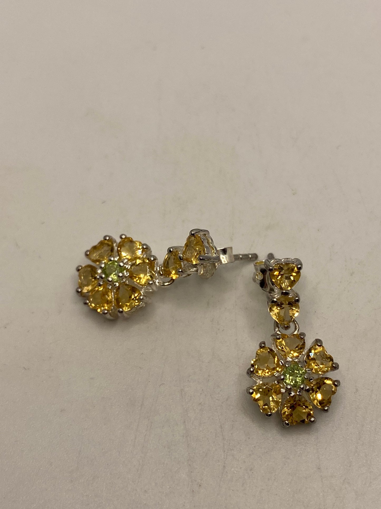 Vintage Citrine Peridot Flower Earrings 925 Sterling Silver Deco