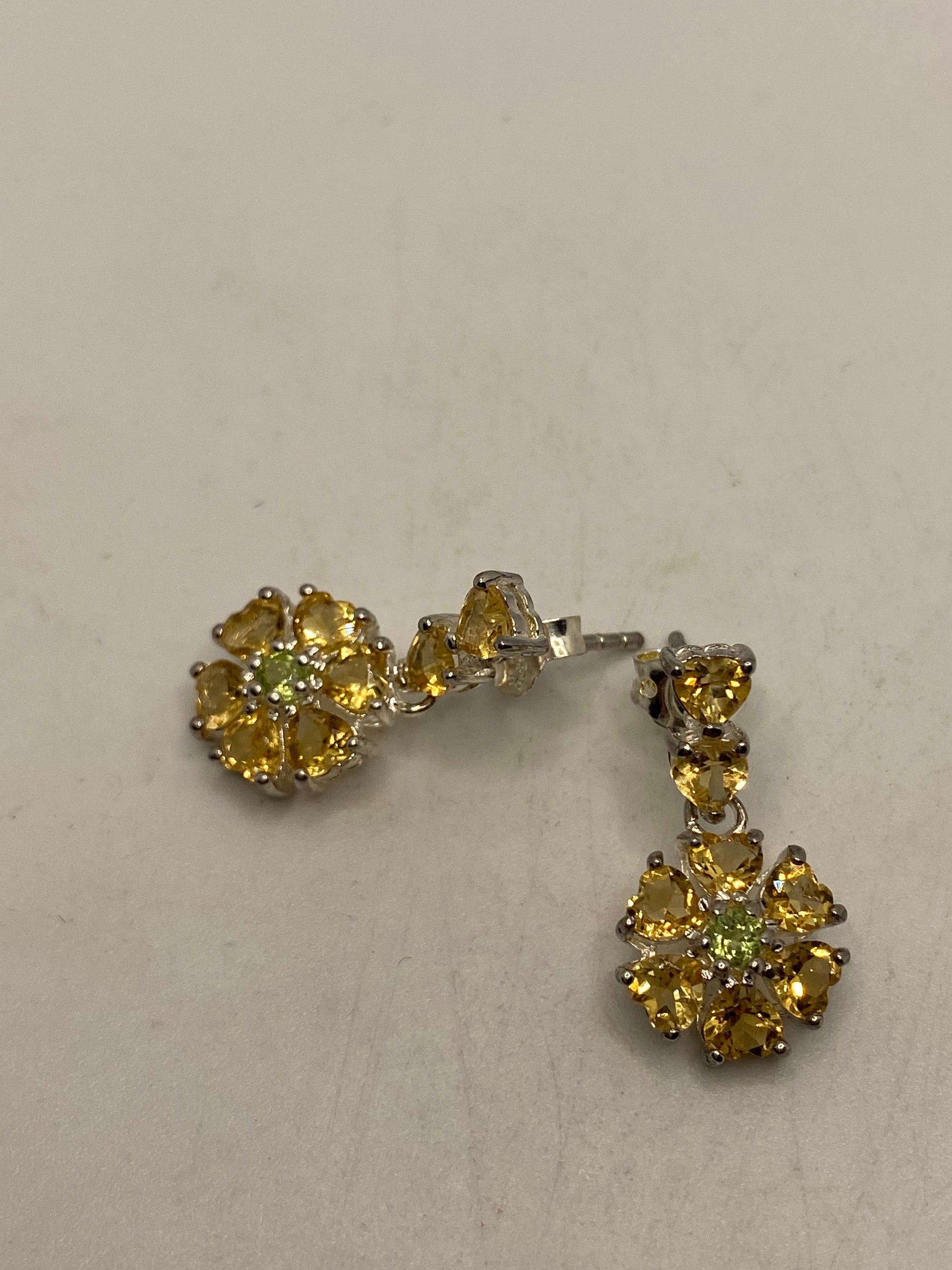 Vintage Citrine Peridot Flower Earrings 925 Sterling Silver Deco